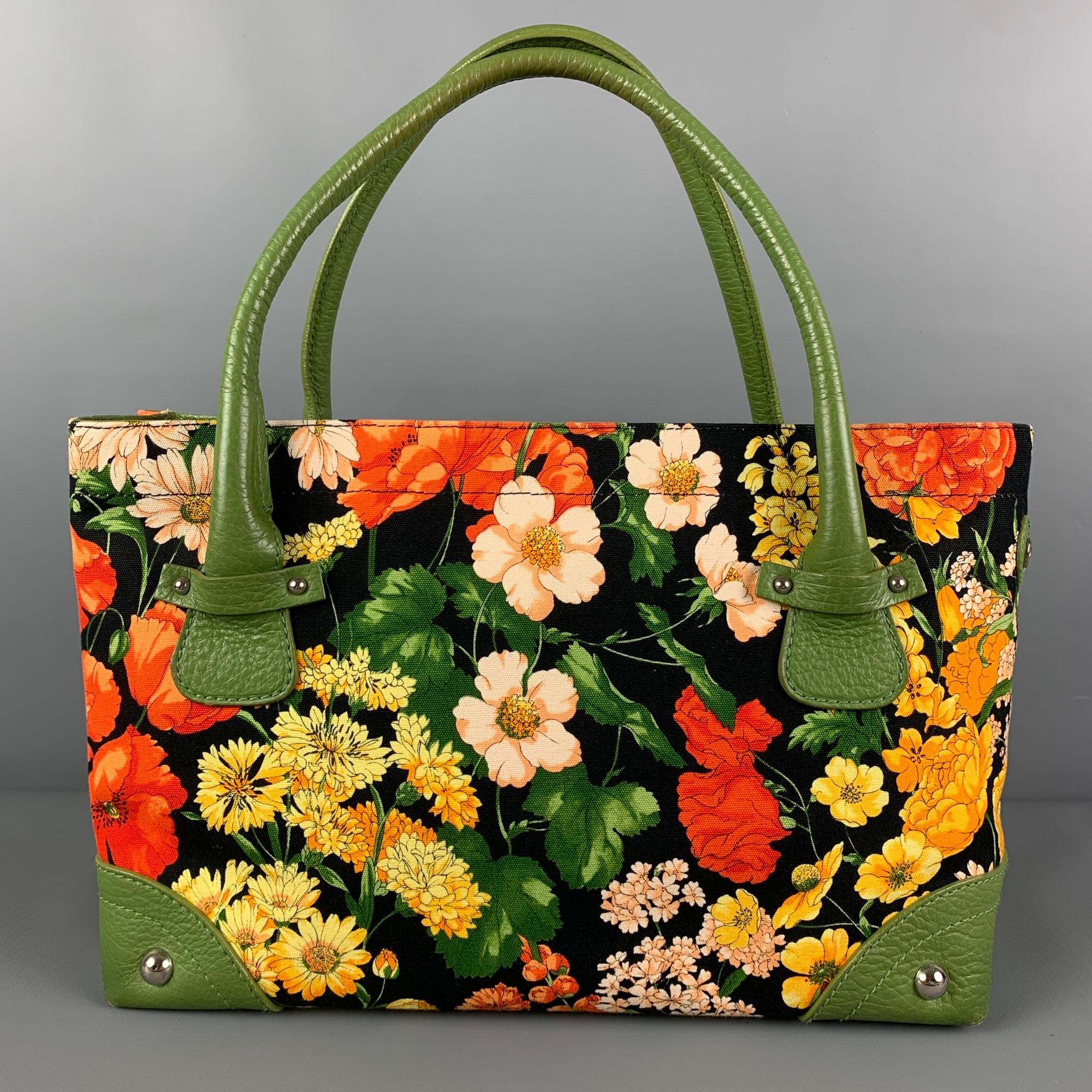 DOLCE & GABBANA Green Orange Floral Canvas Tote Handbag In Good Condition In San Francisco, CA