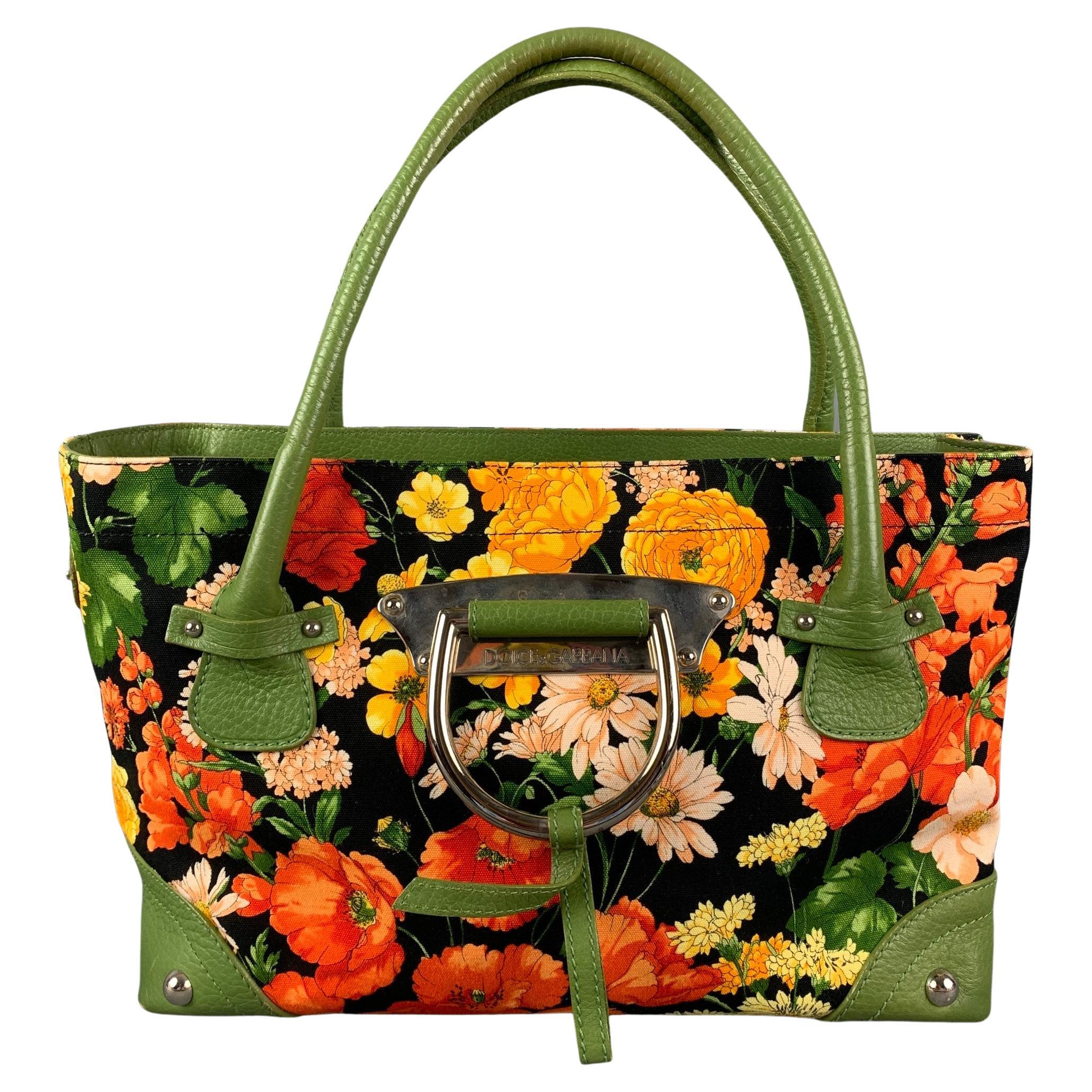 DOLCE & GABBANA Green Orange Floral Canvas Tote Handbag