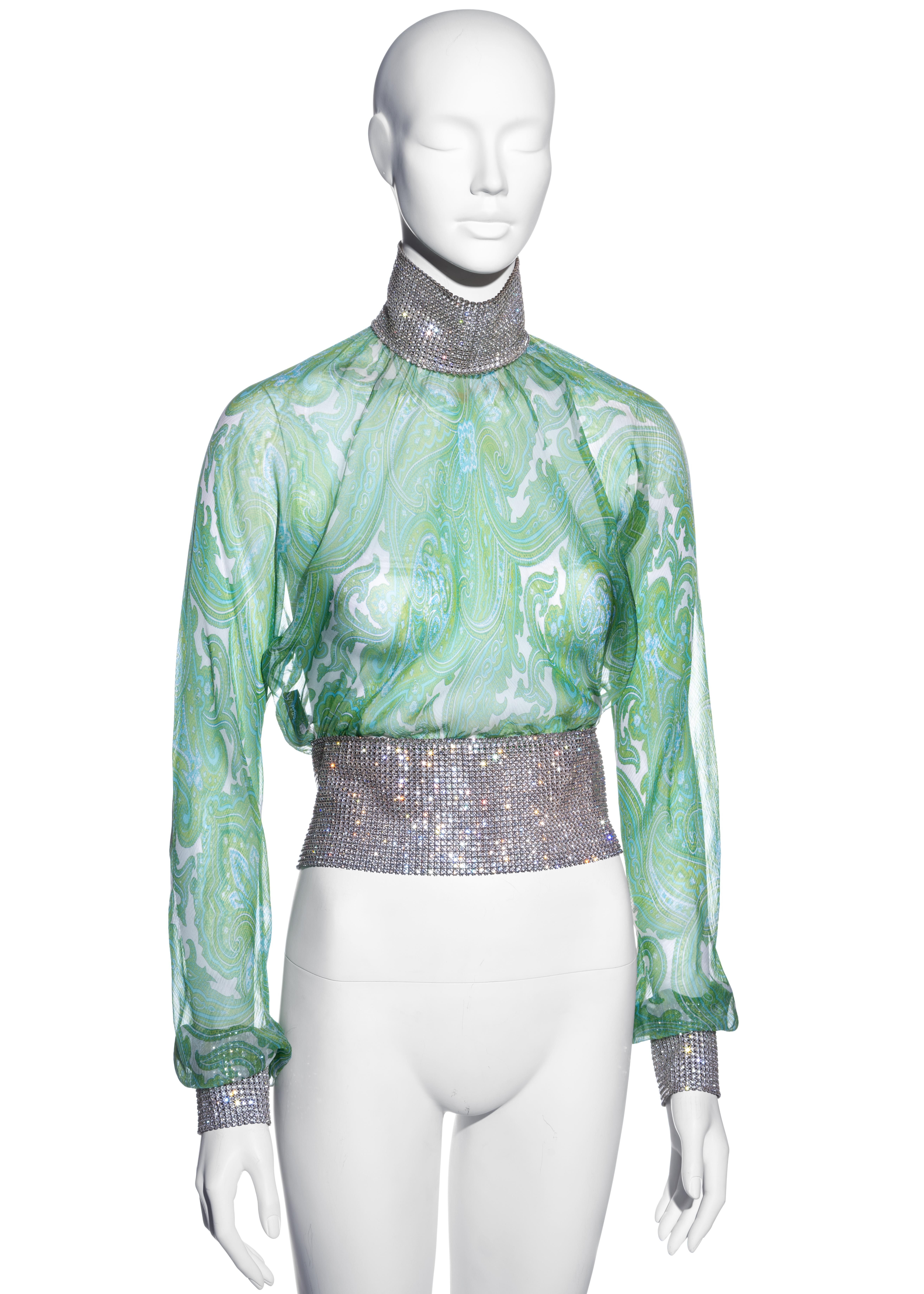 Dolce & Gabbana green paisley silk blouse with rhinestone mesh, ss 2000 In Excellent Condition In London, GB