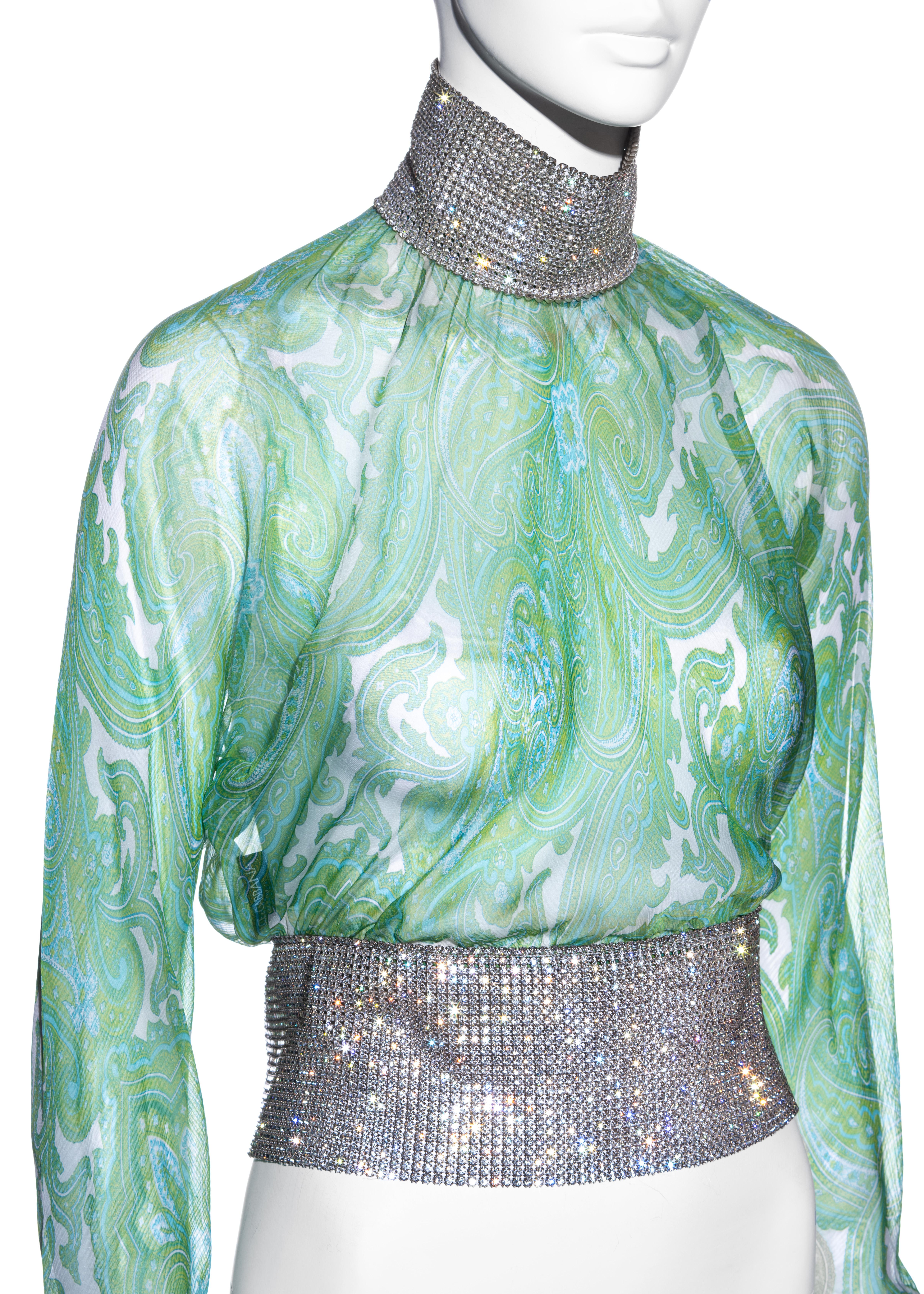 Women's Dolce & Gabbana green paisley silk blouse with rhinestone mesh, ss 2000