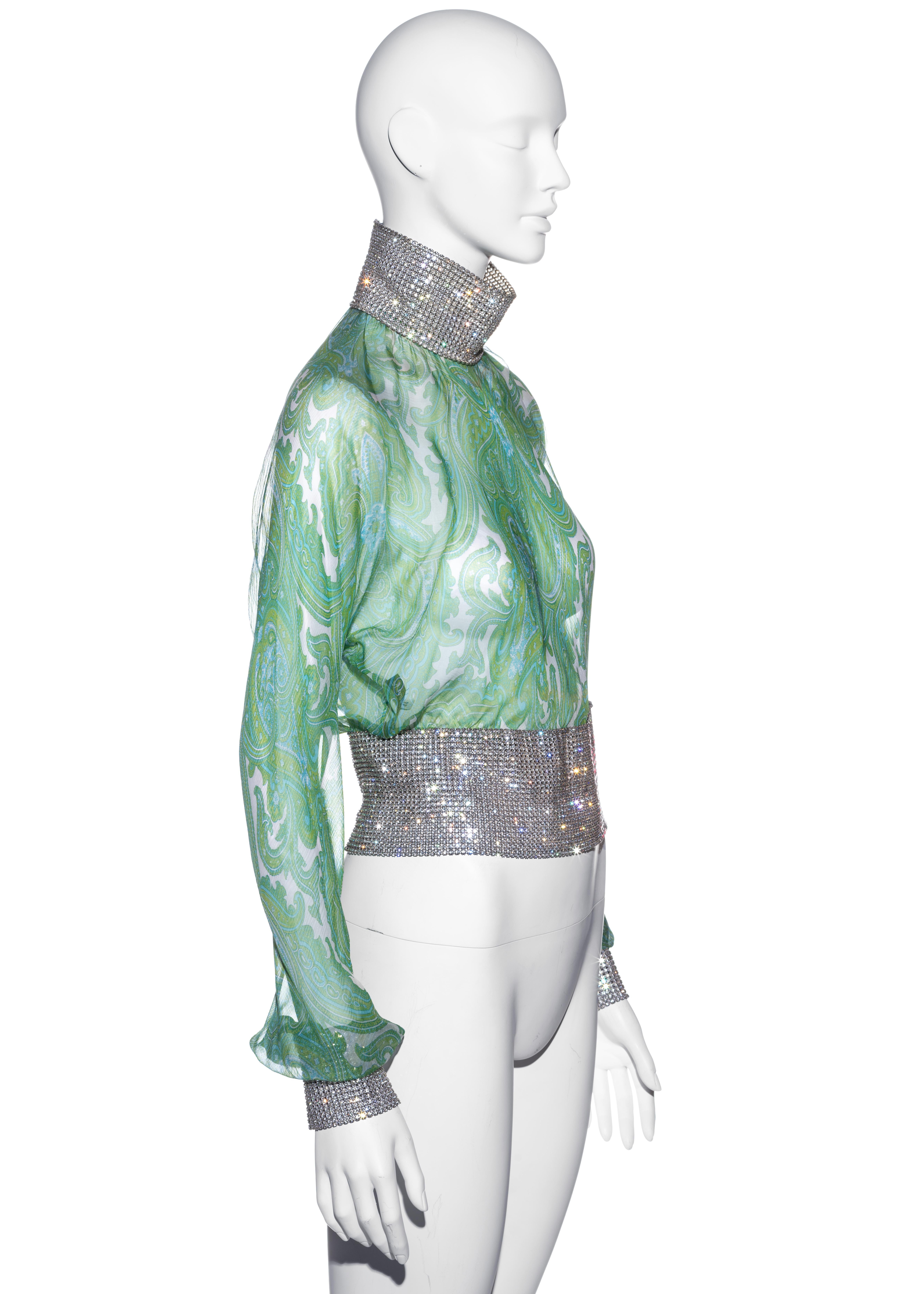 Dolce & Gabbana green paisley silk blouse with rhinestone mesh, ss 2000 1