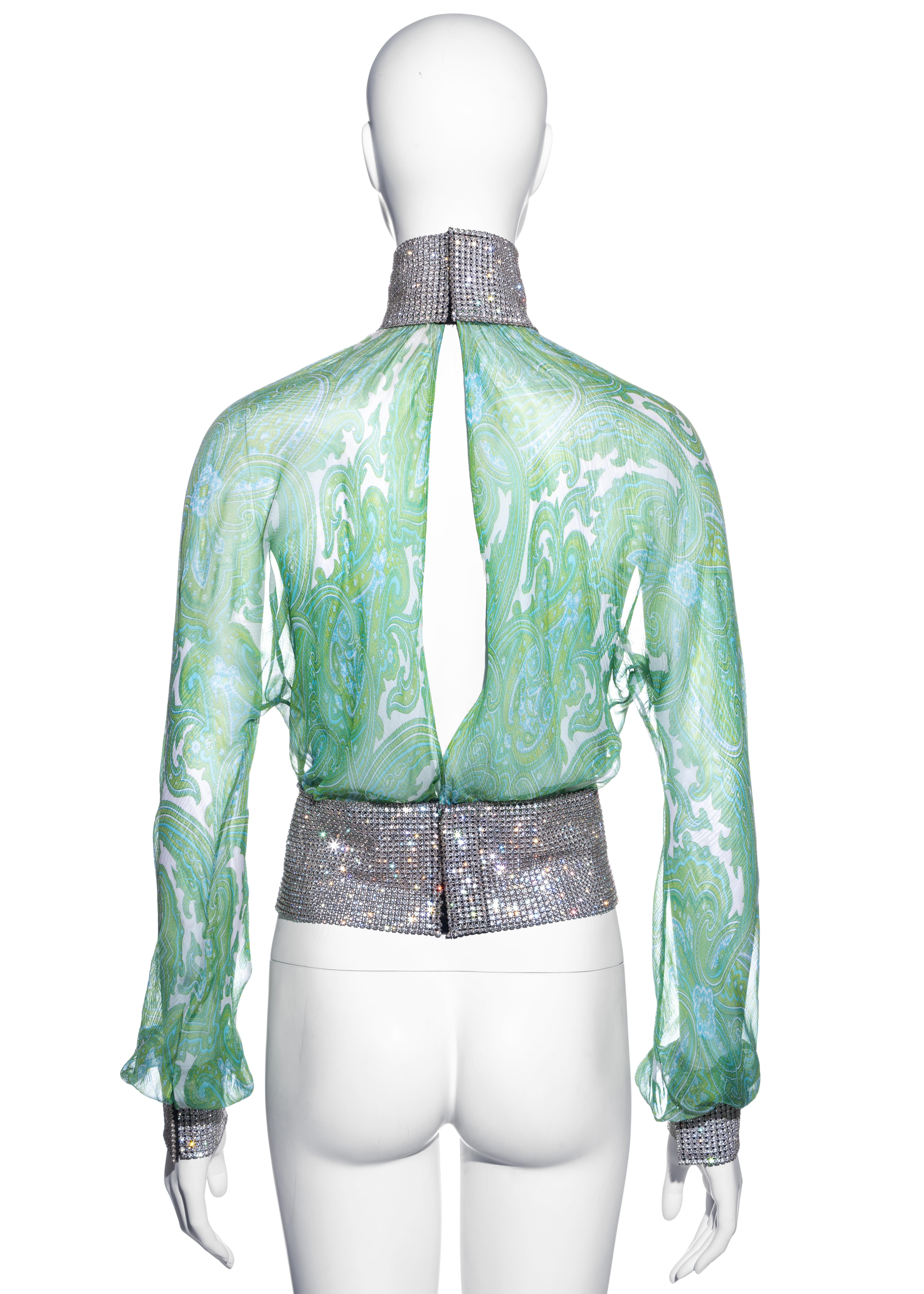 Dolce & Gabbana green paisley silk blouse with rhinestone mesh, ss 2000 2