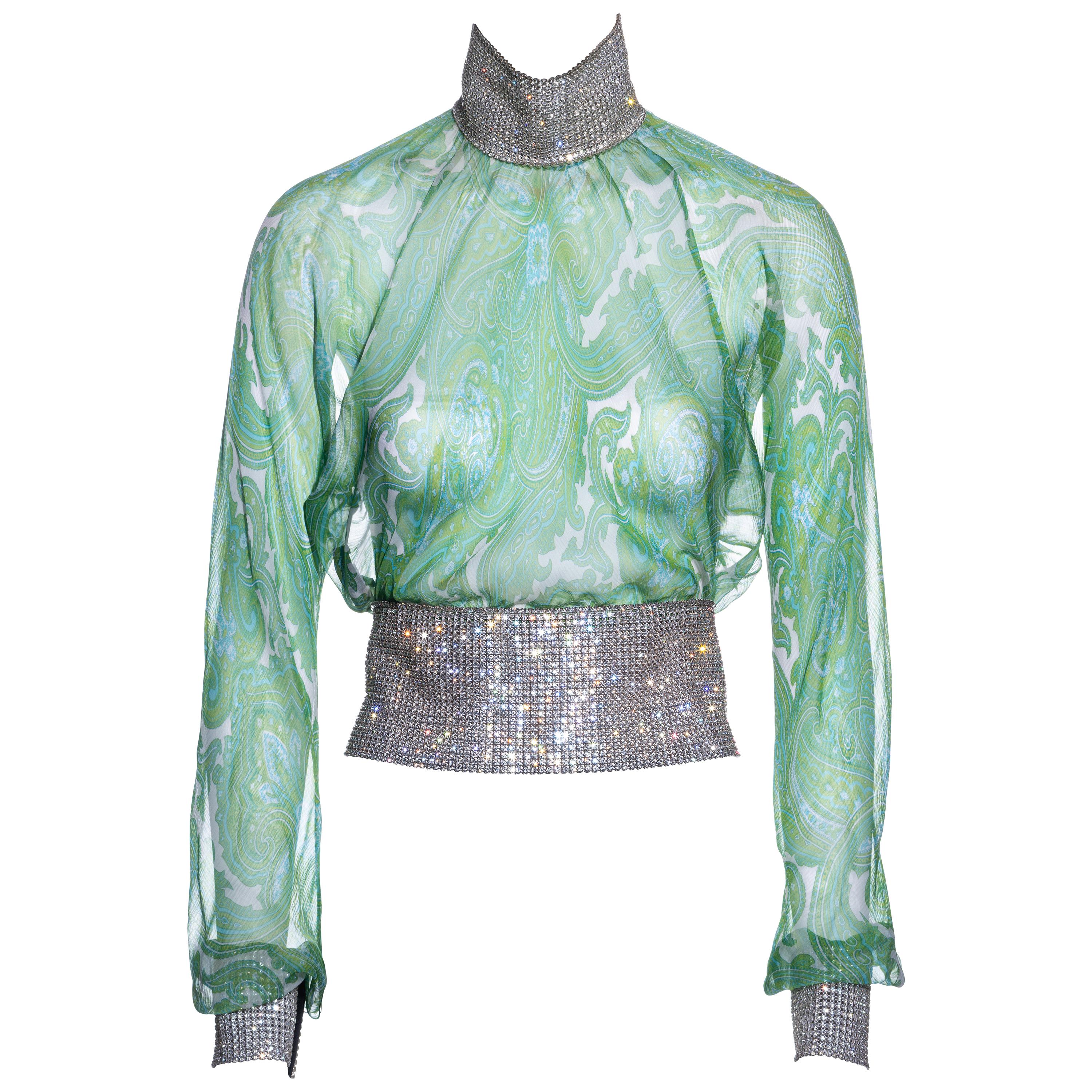 Dolce & Gabbana green paisley silk blouse with rhinestone mesh, ss 2000