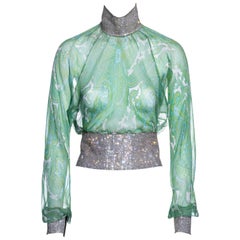 Vintage Dolce & Gabbana green paisley silk blouse with rhinestone mesh, ss 2000