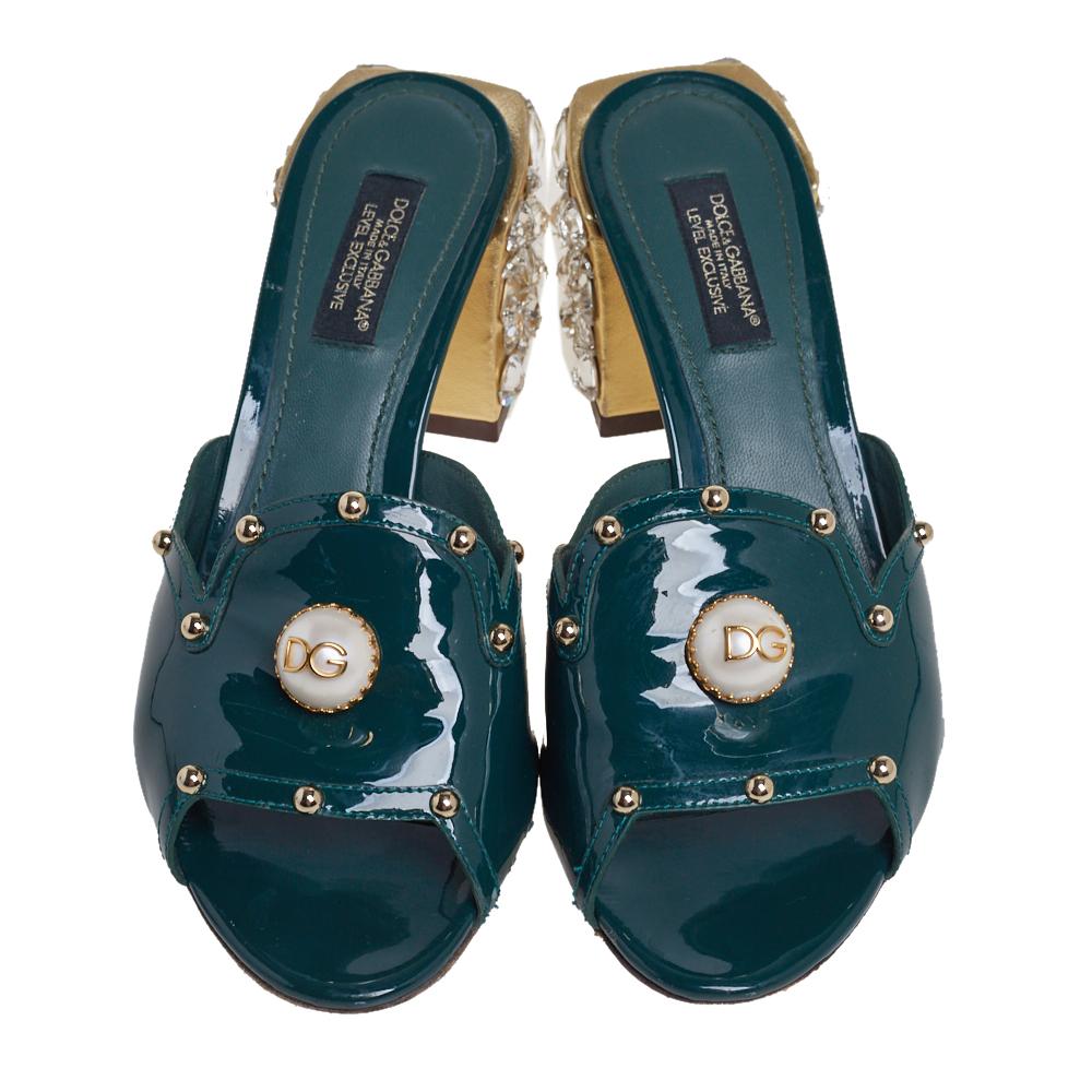 Black Dolce & Gabbana Green Patent Leather Embellished Slide Sandals Size 36