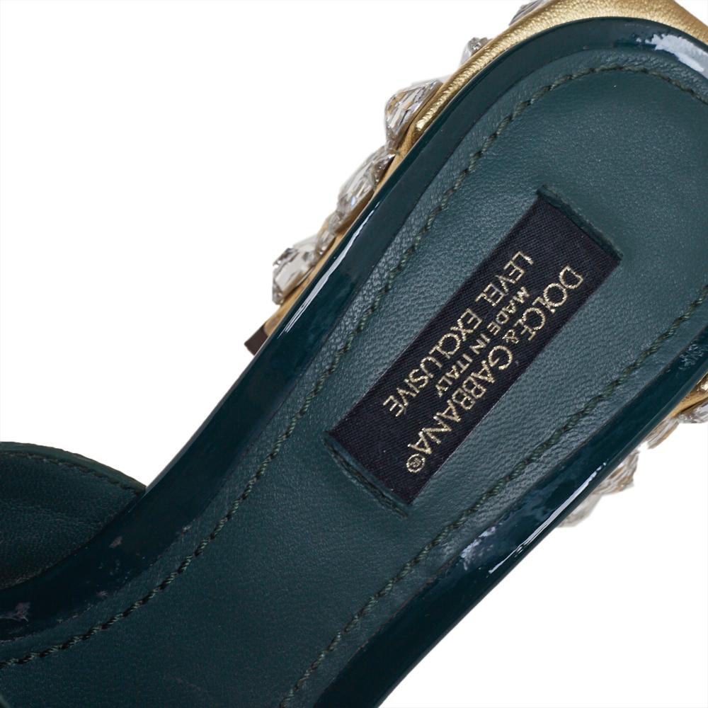 Women's Dolce & Gabbana Green Patent Leather Embellished Slide Sandals Size 36