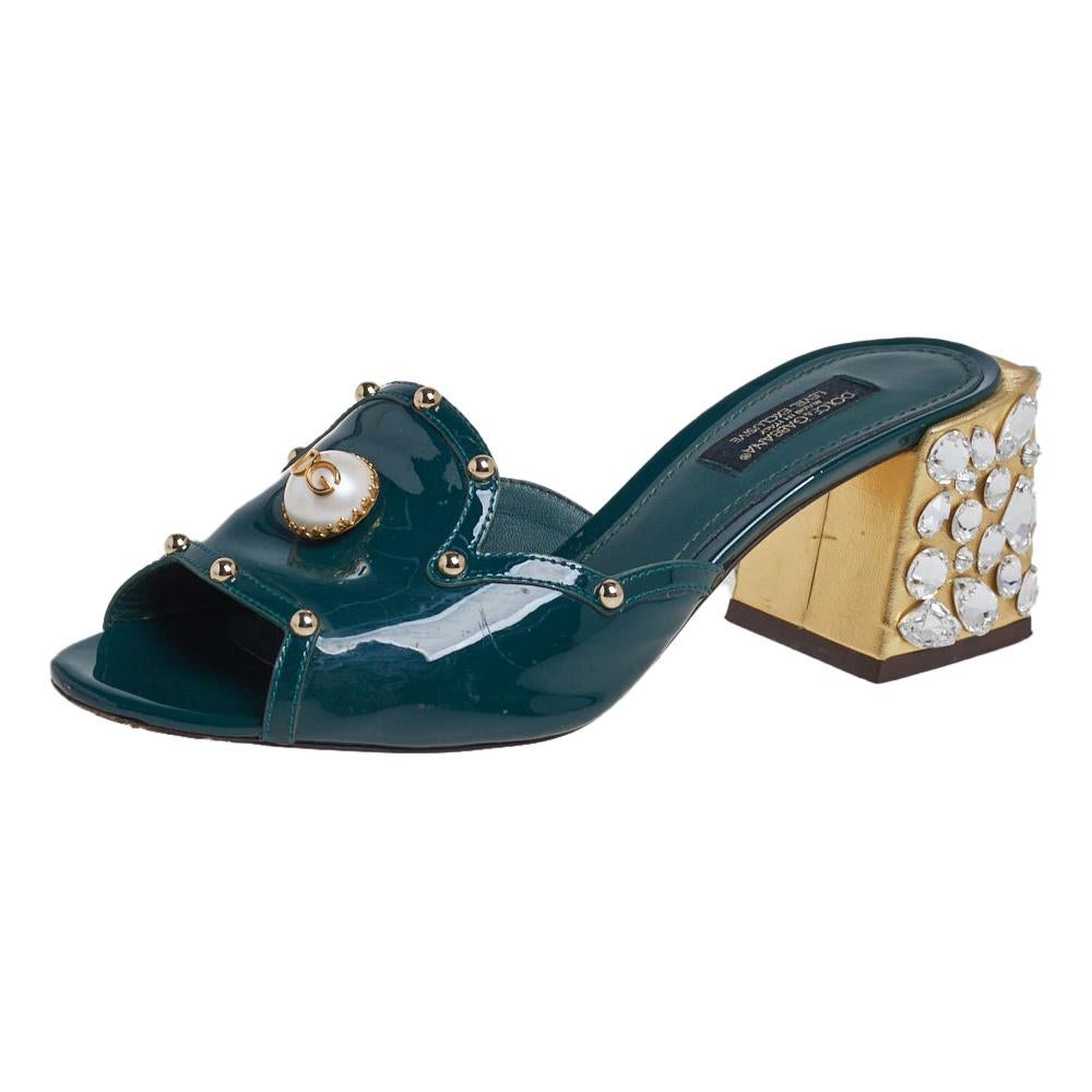 Dolce & Gabbana Green Patent Leather Embellished Slide Sandals Size 36