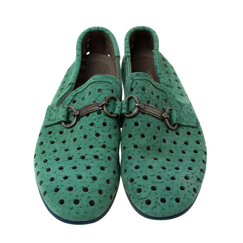 Dolce & Gabbana Green Perforated Nubuck Slip On Loafers Size 42 In Fair Condition In Dubai, Al Qouz 2
