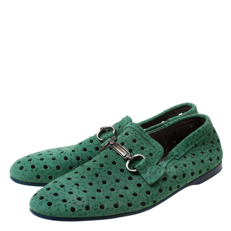 Dolce & Gabbana Green Perforated Nubuck Slip On Loafers Size 42 3