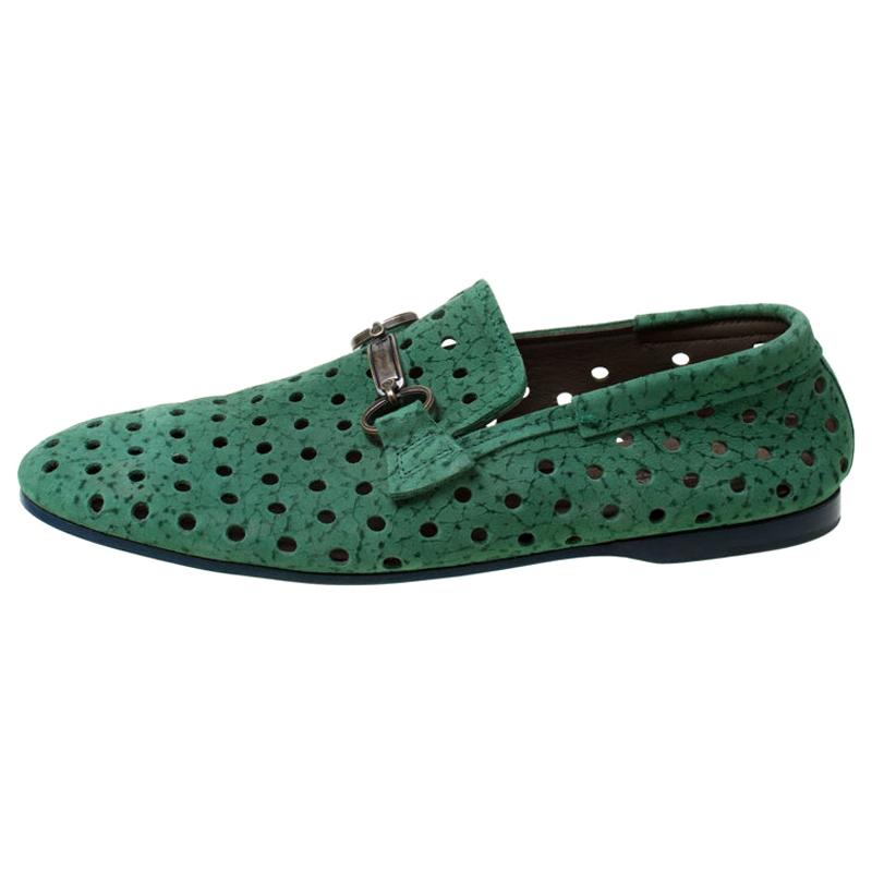 Dolce & Gabbana Green Perforated Nubuck Slip On Loafers Size 42