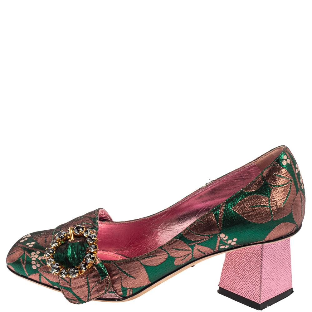 Dolce & Gabbana Green/Pink Brocade Fabric Embellished Block Heel Pumps Size 36 In Good Condition In Dubai, Al Qouz 2