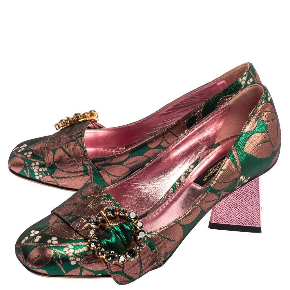 Women's Dolce & Gabbana Green/Pink Brocade Fabric Embellished Block Heel Pumps Size 36