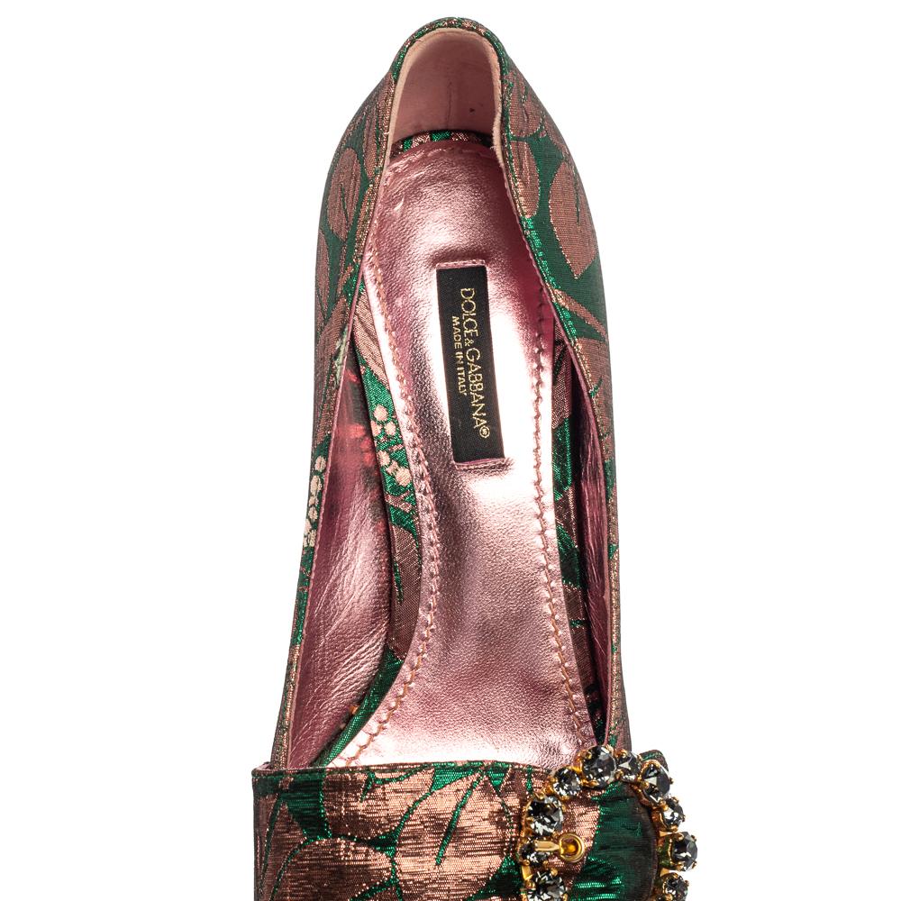 Dolce & Gabbana Green/Pink Brocade Fabric Embellished Block Heel Pumps Size 36 1