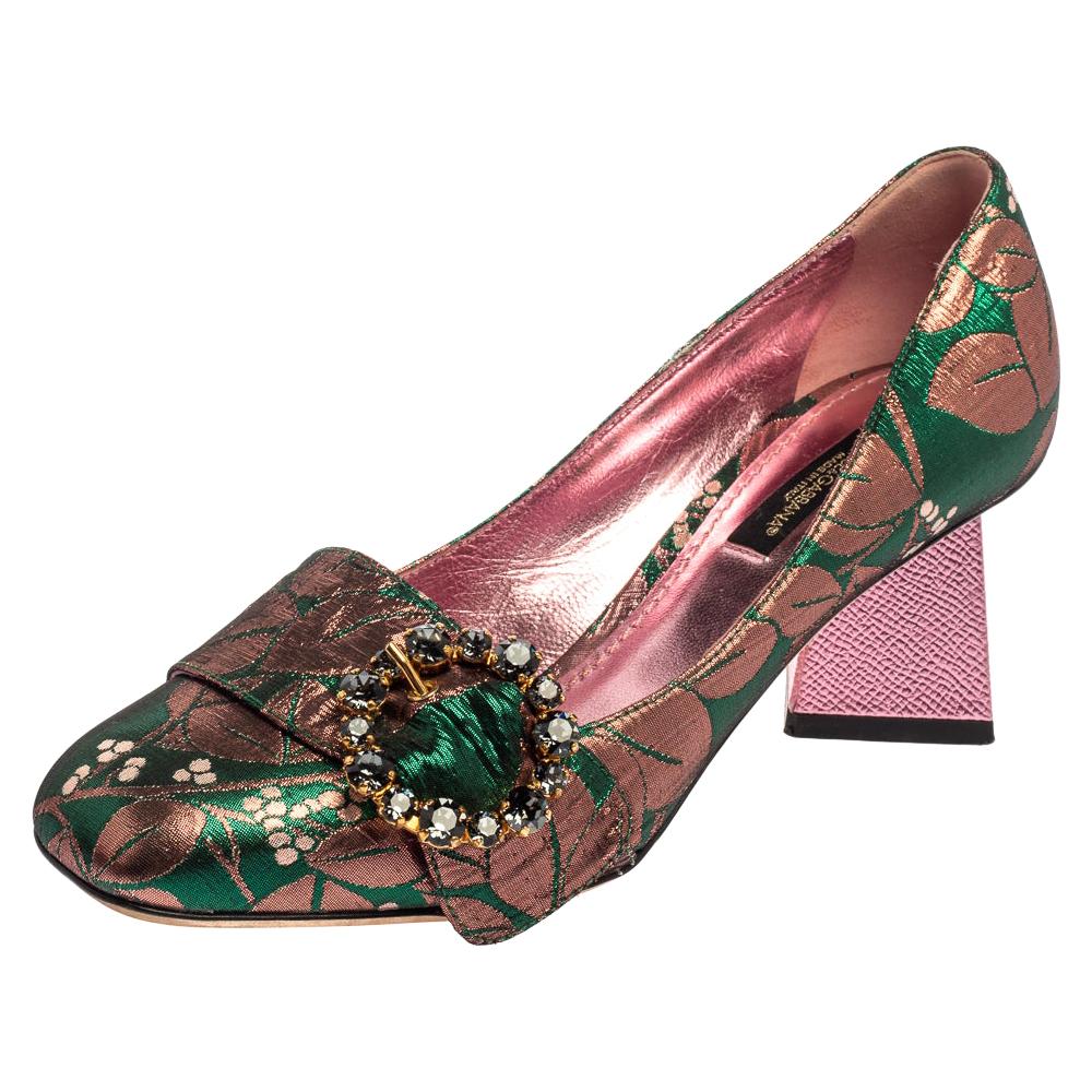 Dolce & Gabbana Green/Pink Brocade Fabric Embellished Block Heel Pumps Size 36