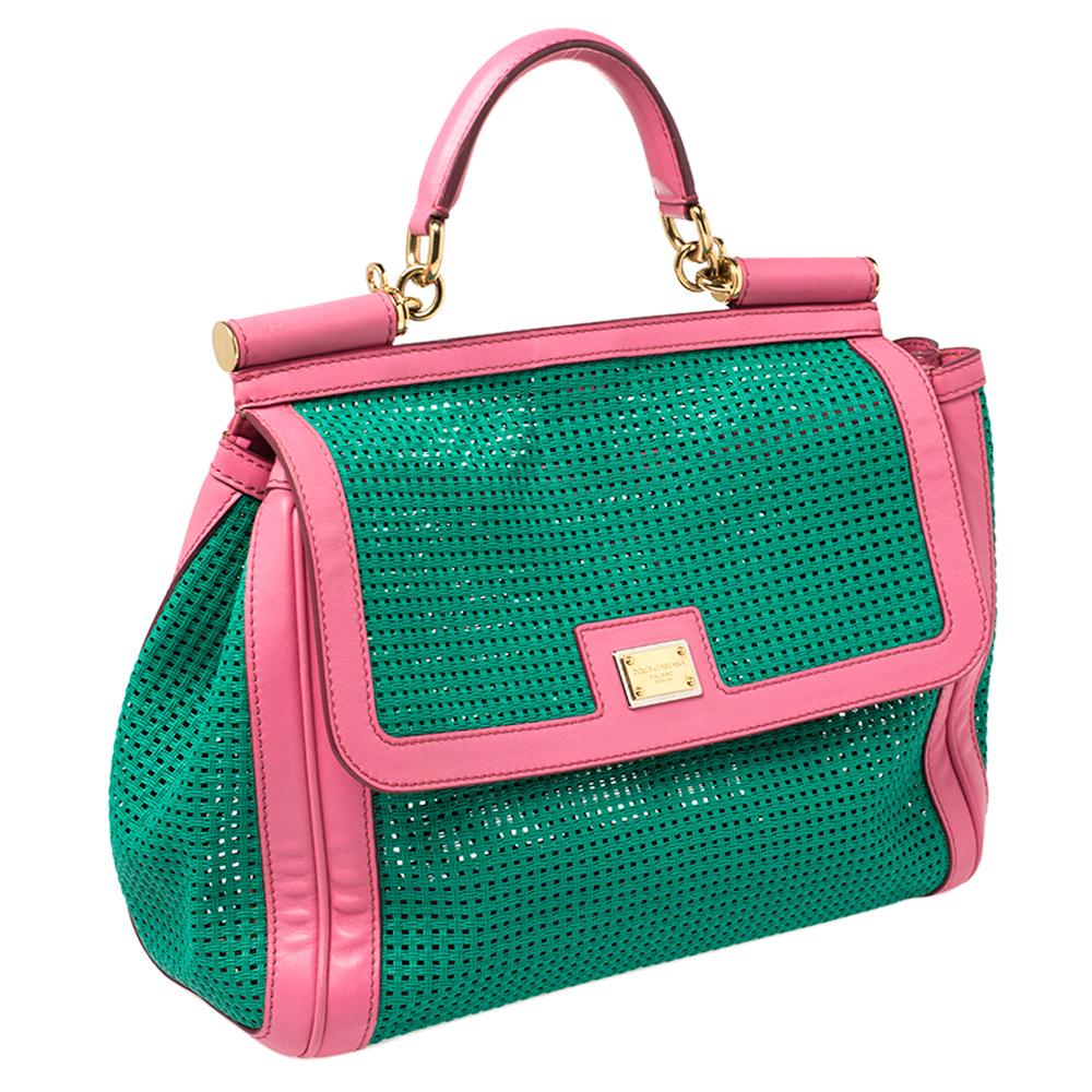 Dolce & Gabbana Green/Pink Woven Raffia and Leather Large Miss Sicily Top Handle In Good Condition In Dubai, Al Qouz 2