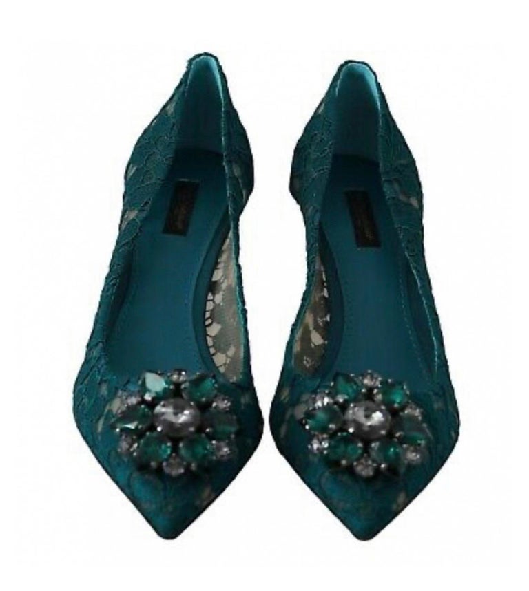 Dolce and Gabbana green PUMP lace shoes with jewel detail on the top