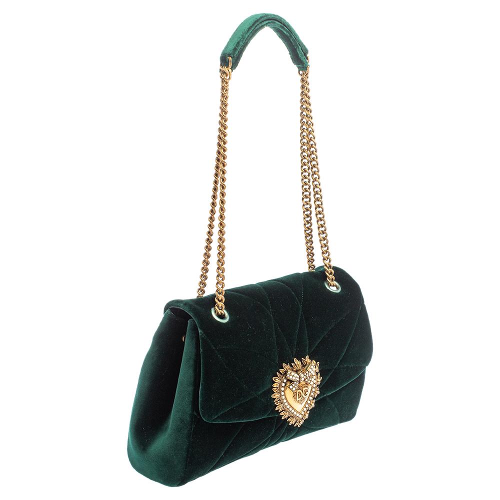 Black Dolce & Gabbana Green Quilted Velvet Large Devotion Shoulder Bag