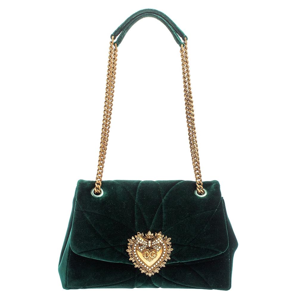 Dolce & Gabbana Green Quilted Velvet Large Devotion Shoulder Bag