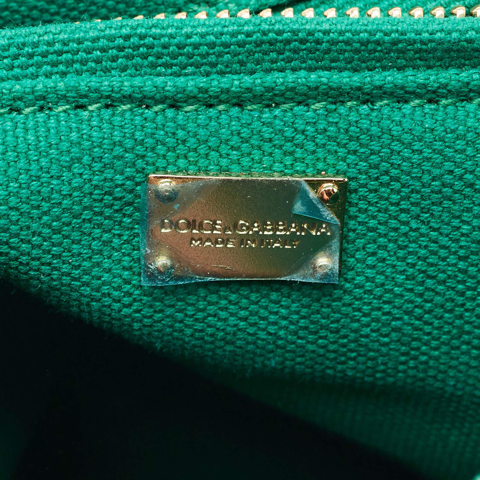 Dolce & Gabbana Green Raffia and Leather Crystals Embellished Padlock Shoulder B 7