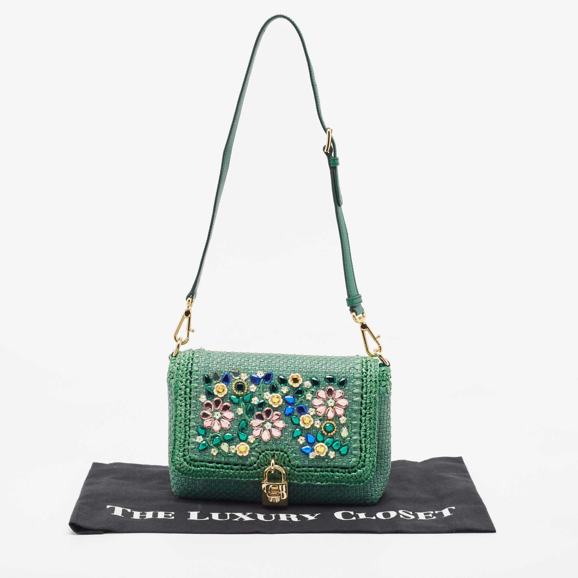 Dolce & Gabbana Green Raffia and Leather Crystals Embellished Padlock Shoulder B 11