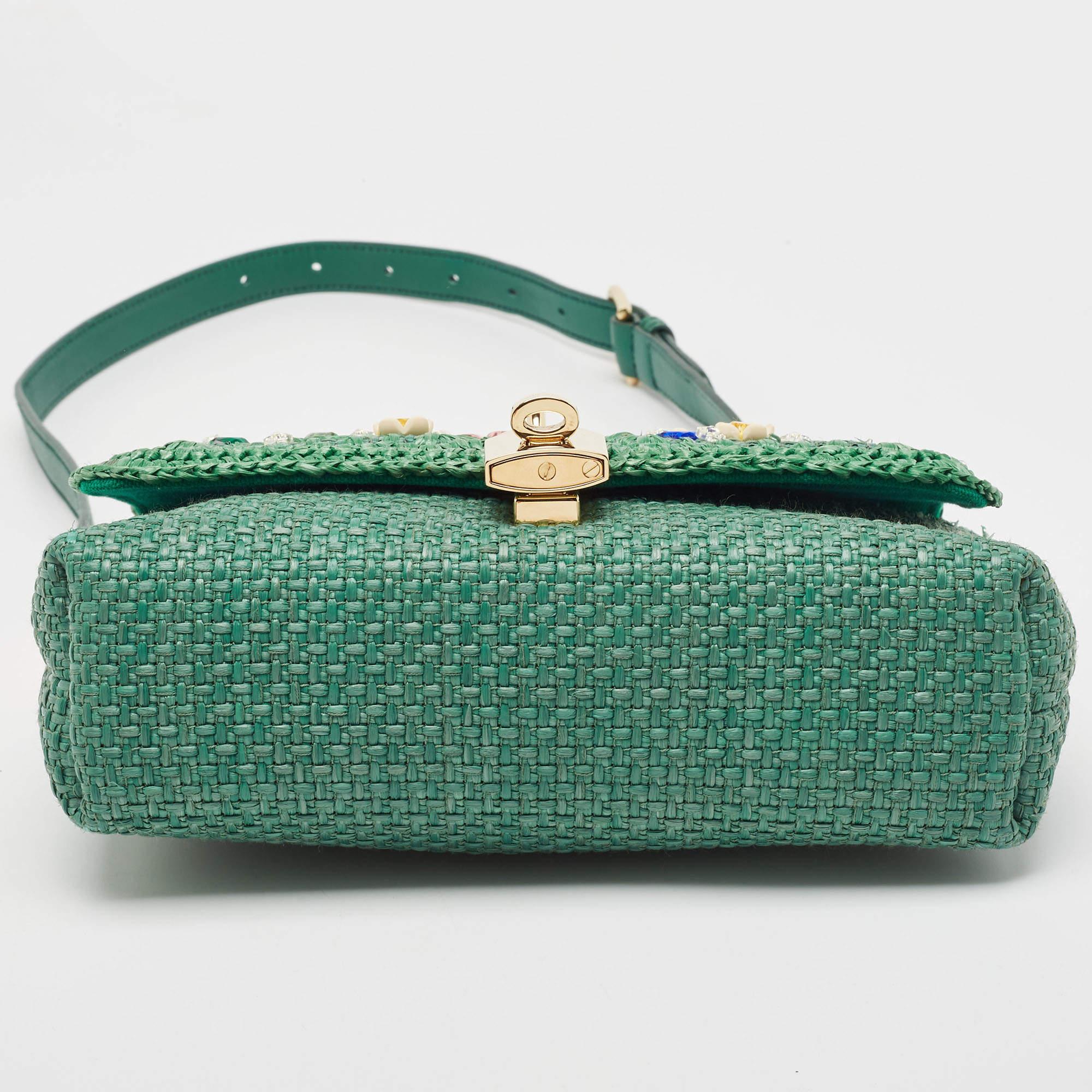 Dolce & Gabbana Green Raffia and Leather Crystals Embellished Padlock Shoulder B 2