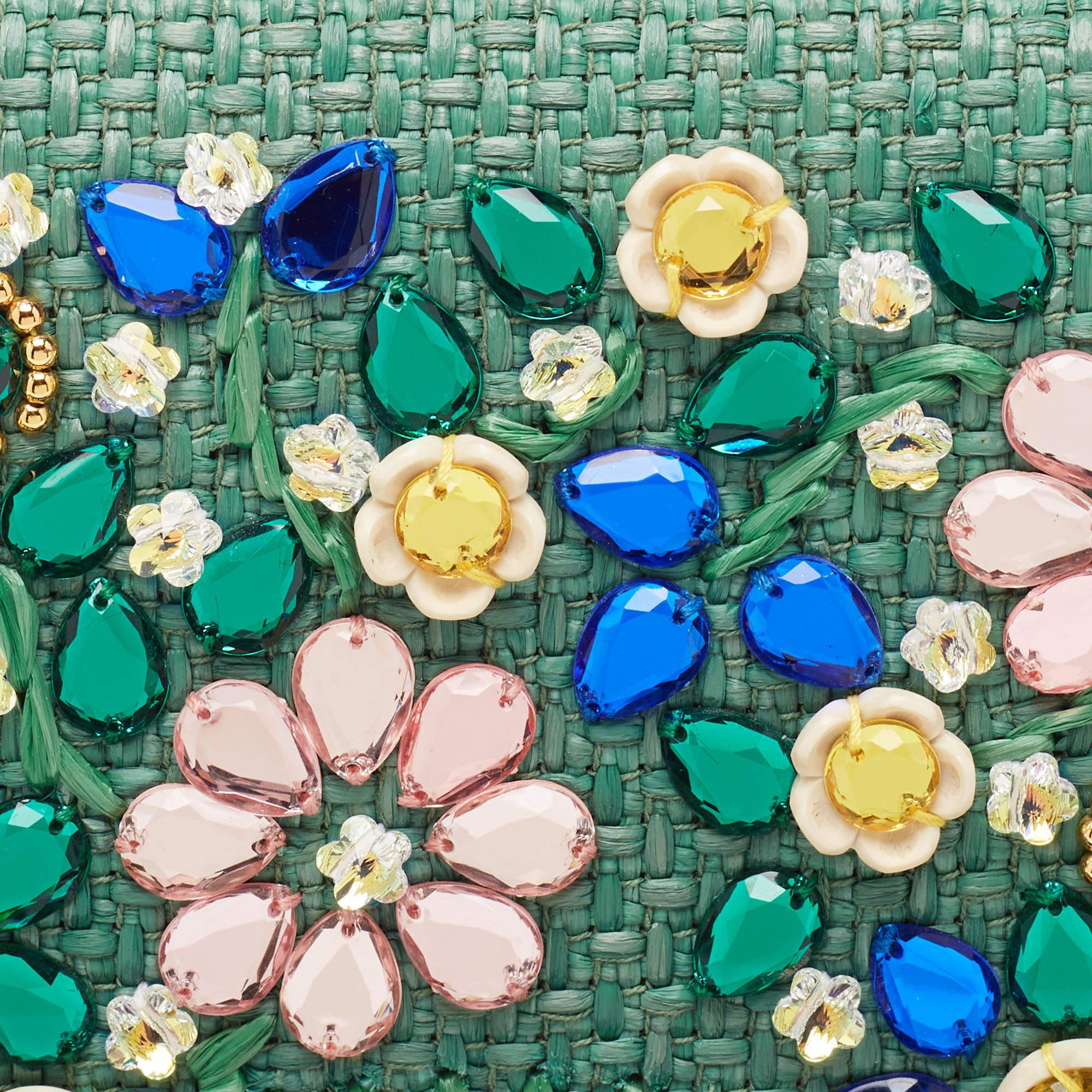 Dolce & Gabbana Green Raffia and Leather Crystals Embellished Padlock Shoulder B 4