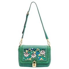 Dolce & Gabbana Green Raffia and Leather Crystals Embellished Padlock Shoulder B