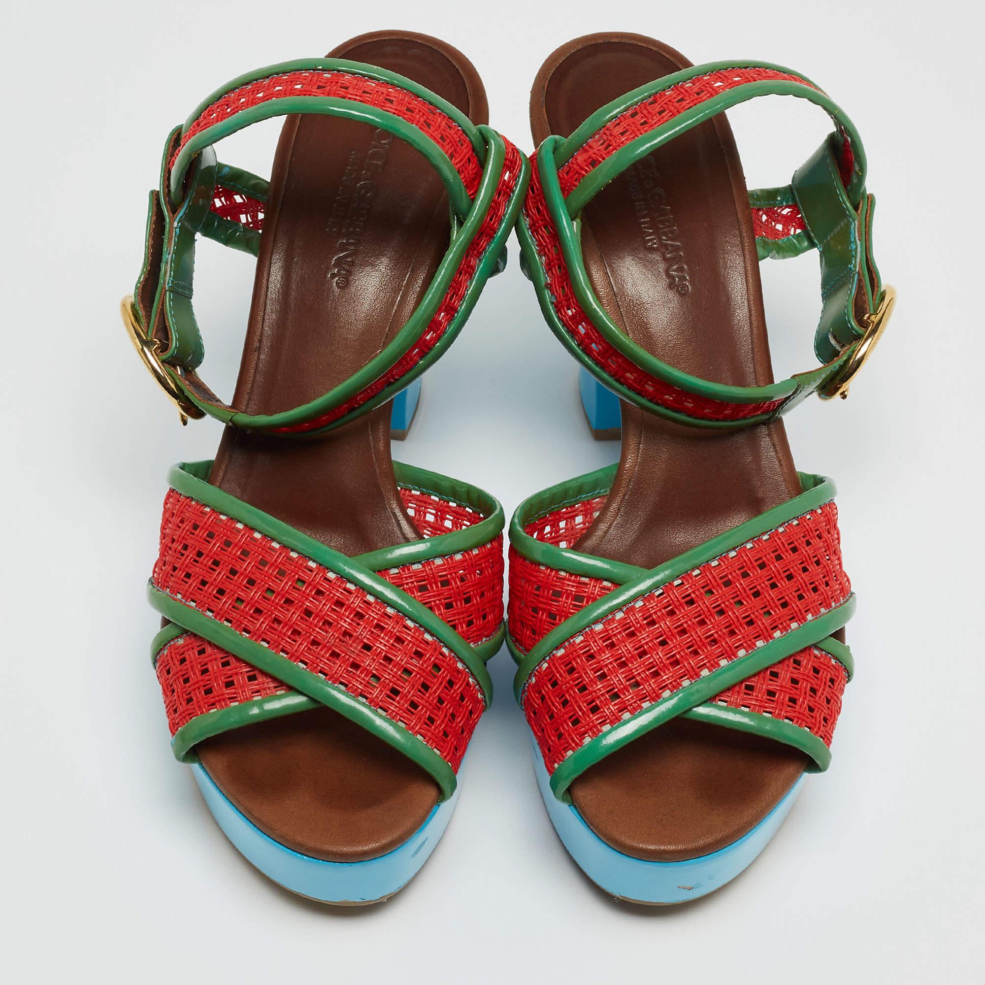 Dolce & Gabbana Green/Red Patent Leather Cross Strap Platform Ankle Strap Sandal For Sale 2
