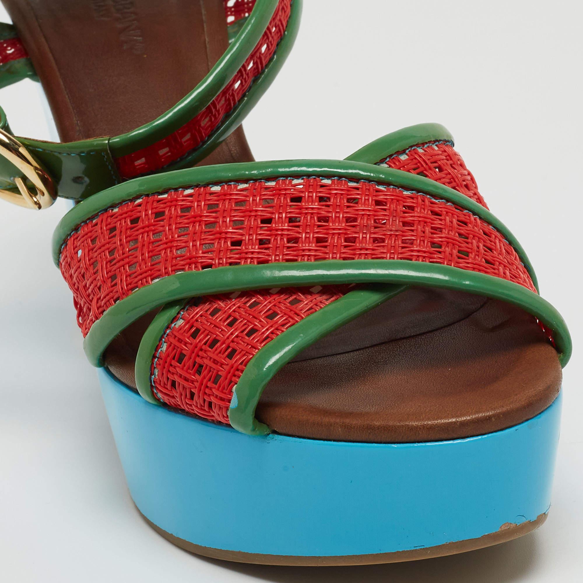 Dolce & Gabbana Green/Red Patent Leather Cross Strap Platform Ankle Strap Sandal For Sale 3