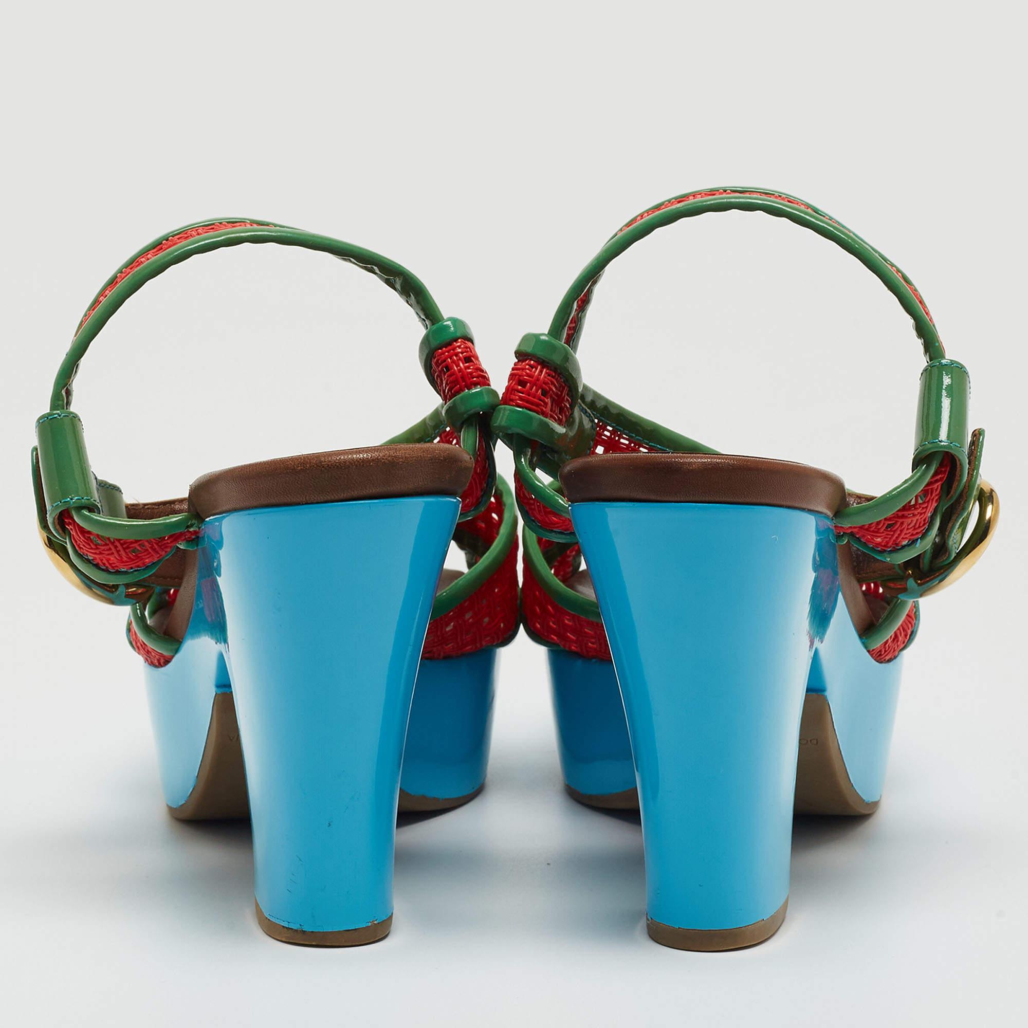 Dolce & Gabbana Green/Red Patent Leather Cross Strap Platform Ankle Strap Sandal For Sale 4
