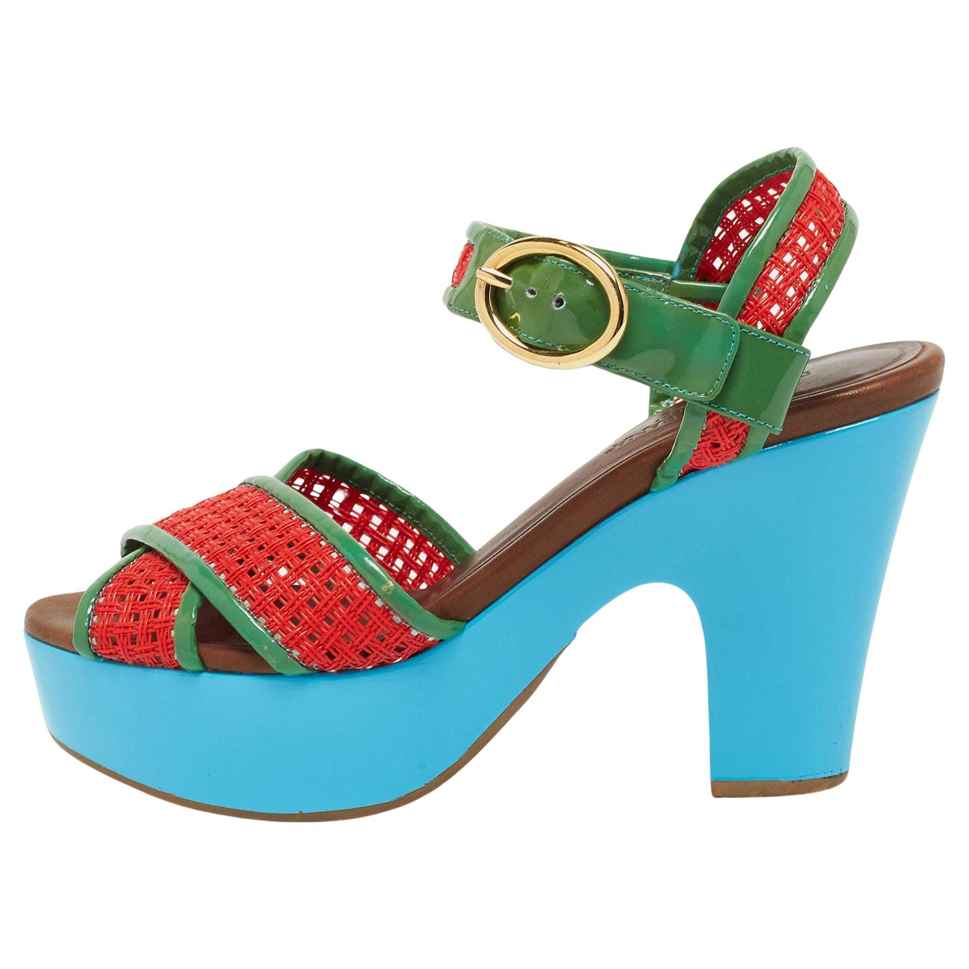 Dolce & Gabbana Green/Red Patent Leather Cross Strap Platform Ankle Strap Sandal For Sale