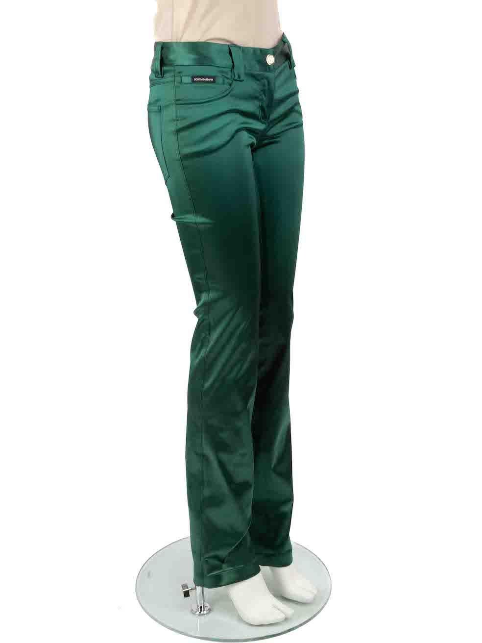 CONDITION is Very good. Minimal wear to trousers is evident. Minimal wear to the front with plucks to the weave on this used Dolce & Gabbana designer resale item.
 
 Details
 Green
 Synthetic
 Trousers
 Slim fit
 Mid rise
 2x Front pockets
 2x Back
