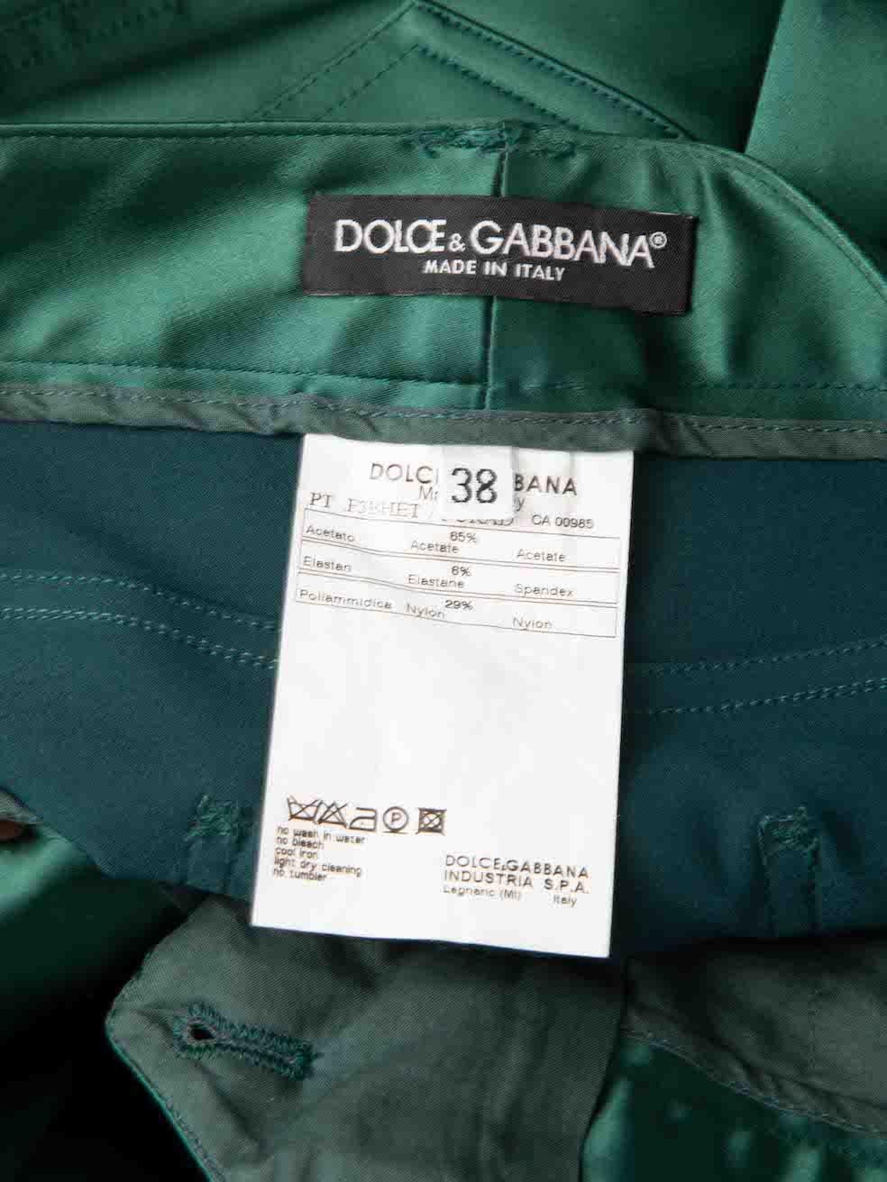 Dolce & Gabbana Green Satin Slim Fit Trousers Size XS For Sale 2