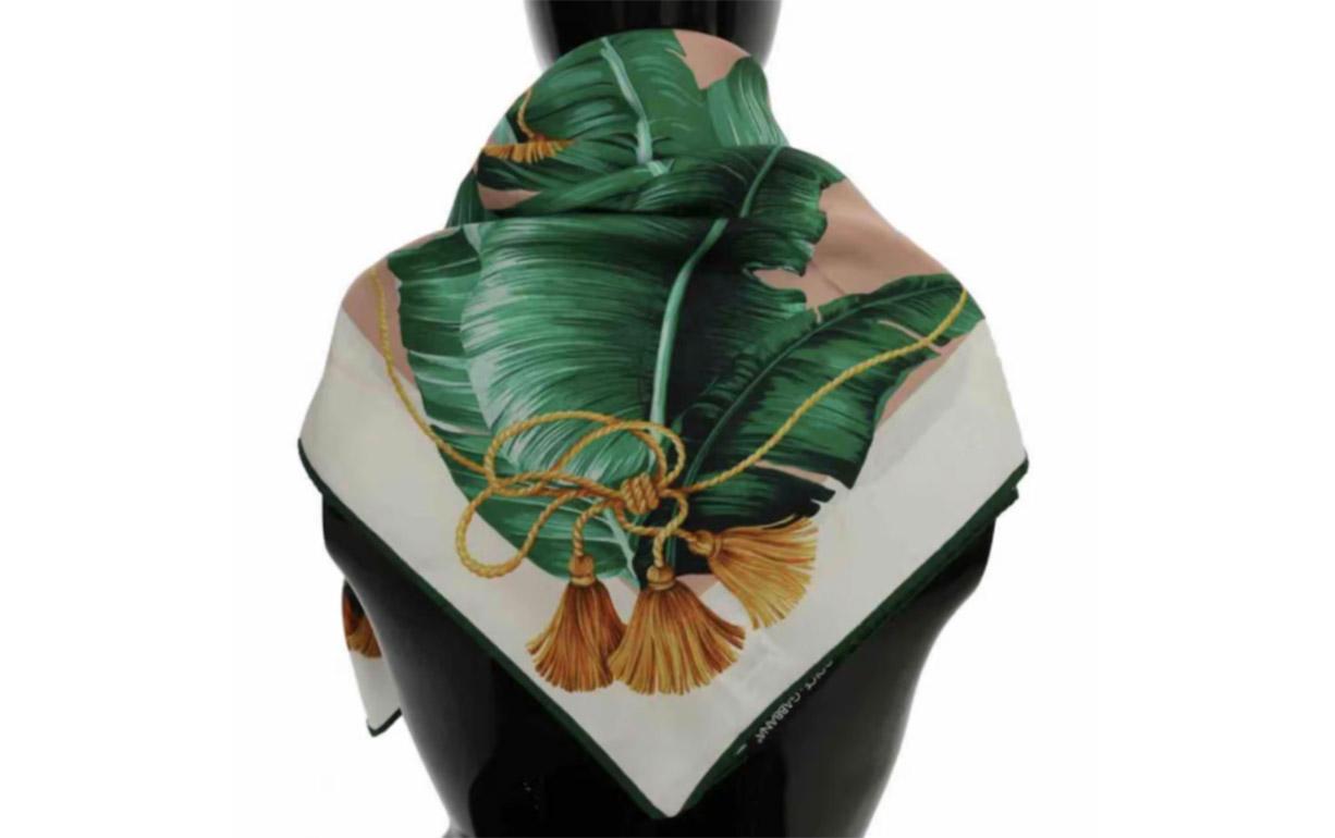 Beige Dolce & Gabbana Green Silk Banana Leaf Scarf Wrap DG Logo Tropical Jungle