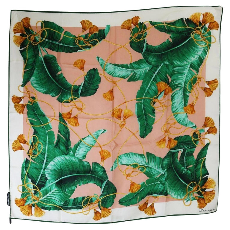 Dolce and Gabbana Green Silk Banana Leaf Scarf Wrap DG Logo Tropical ...