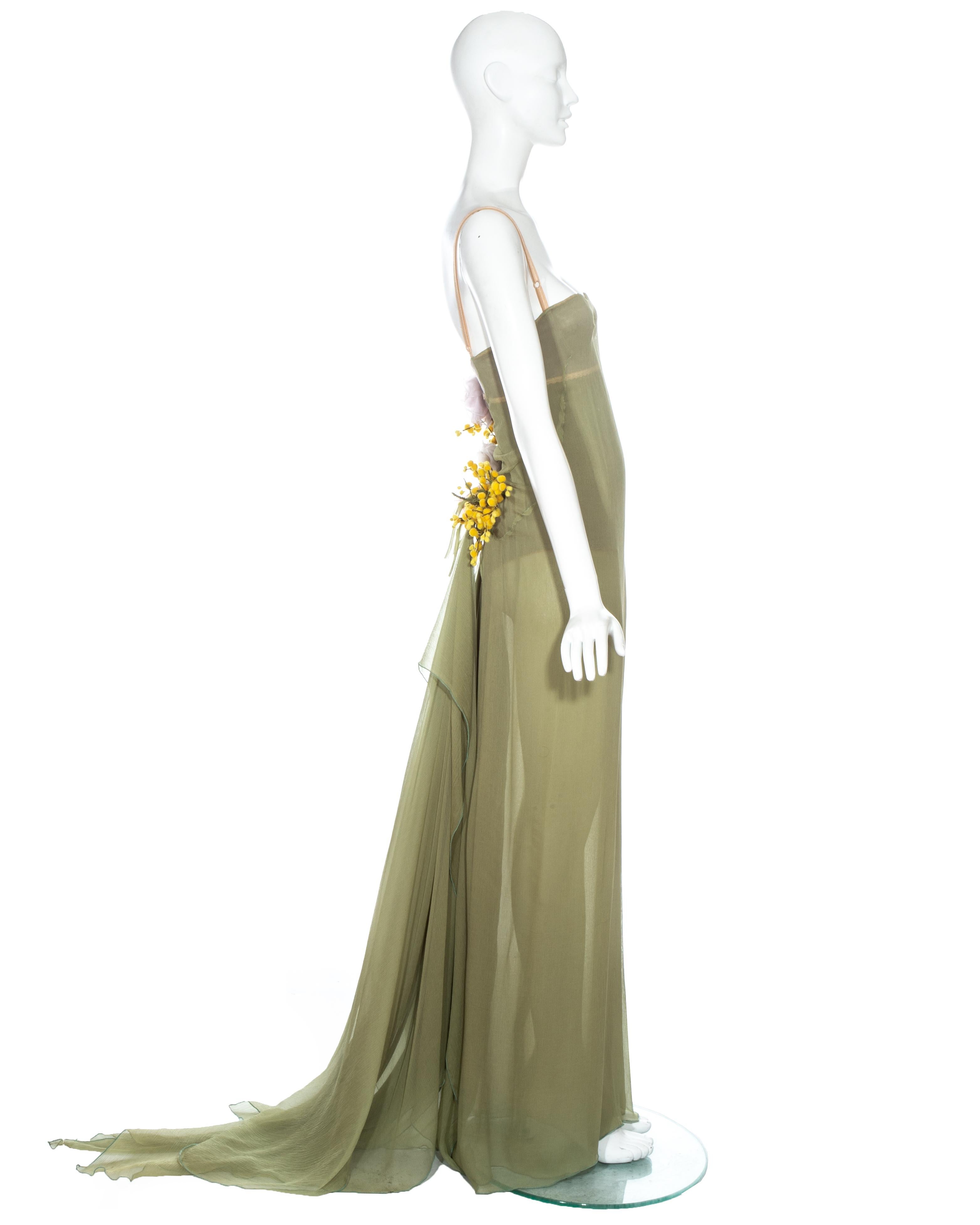 Dolce & Gabbana green silk chiffon trained dress with floral appliqués, ss 1999 1