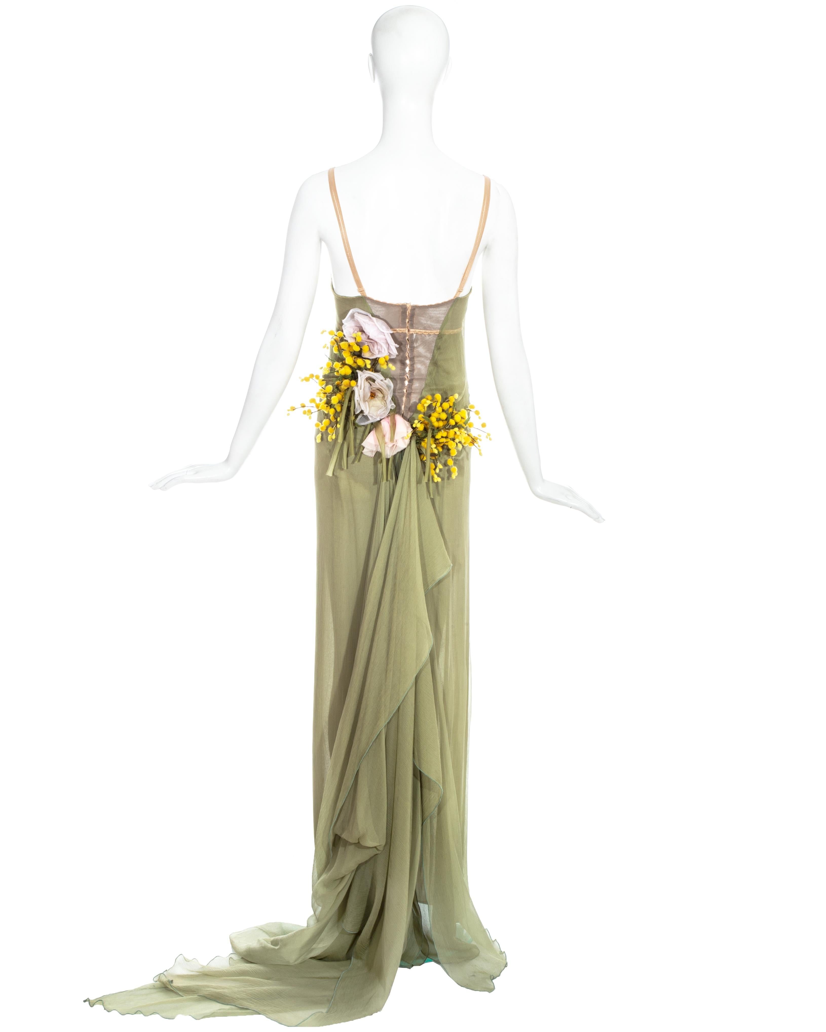 Dolce & Gabbana green silk chiffon trained dress with floral appliqués, ss 1999 2