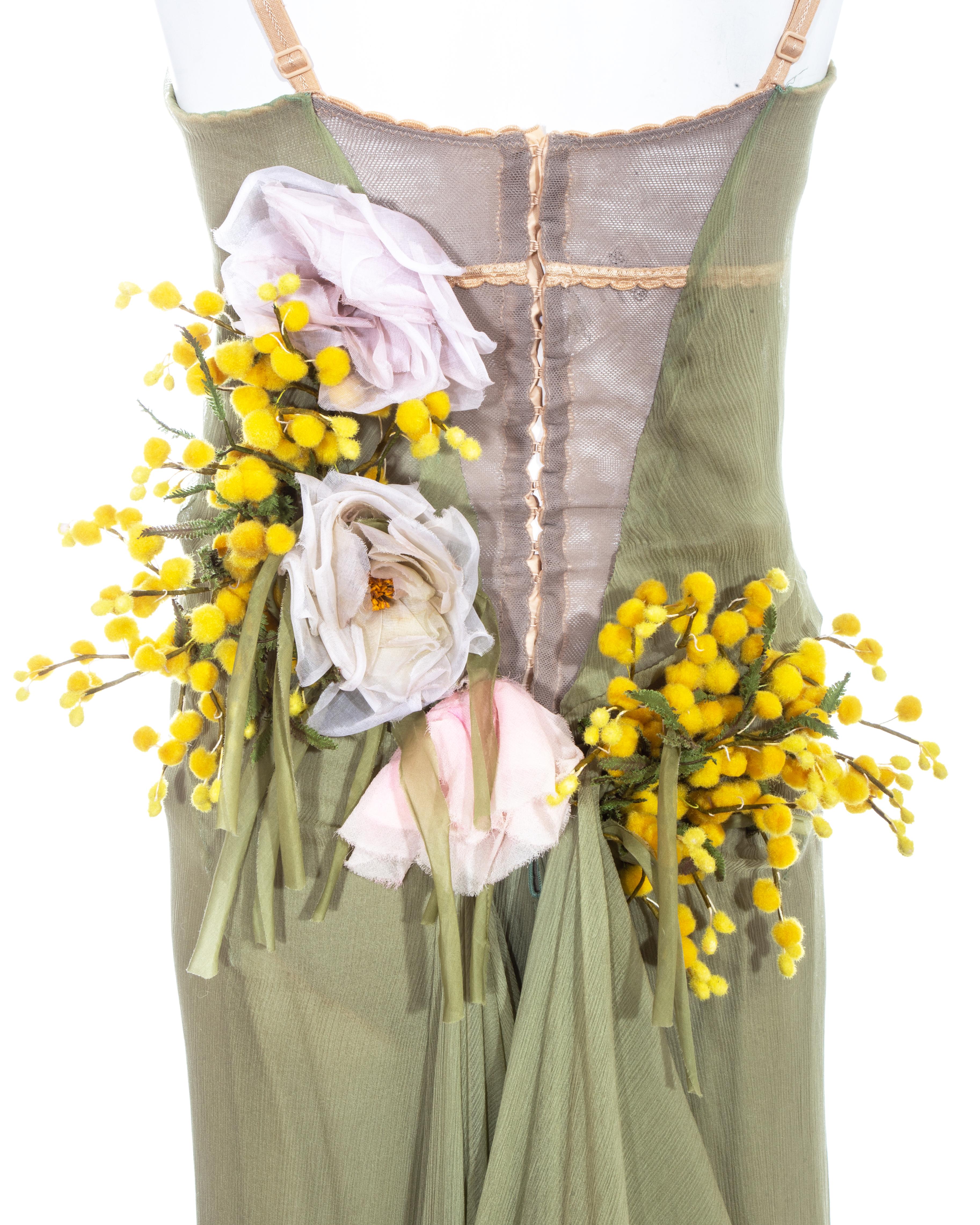 Dolce & Gabbana green silk chiffon trained dress with floral appliqués, ss 1999 3