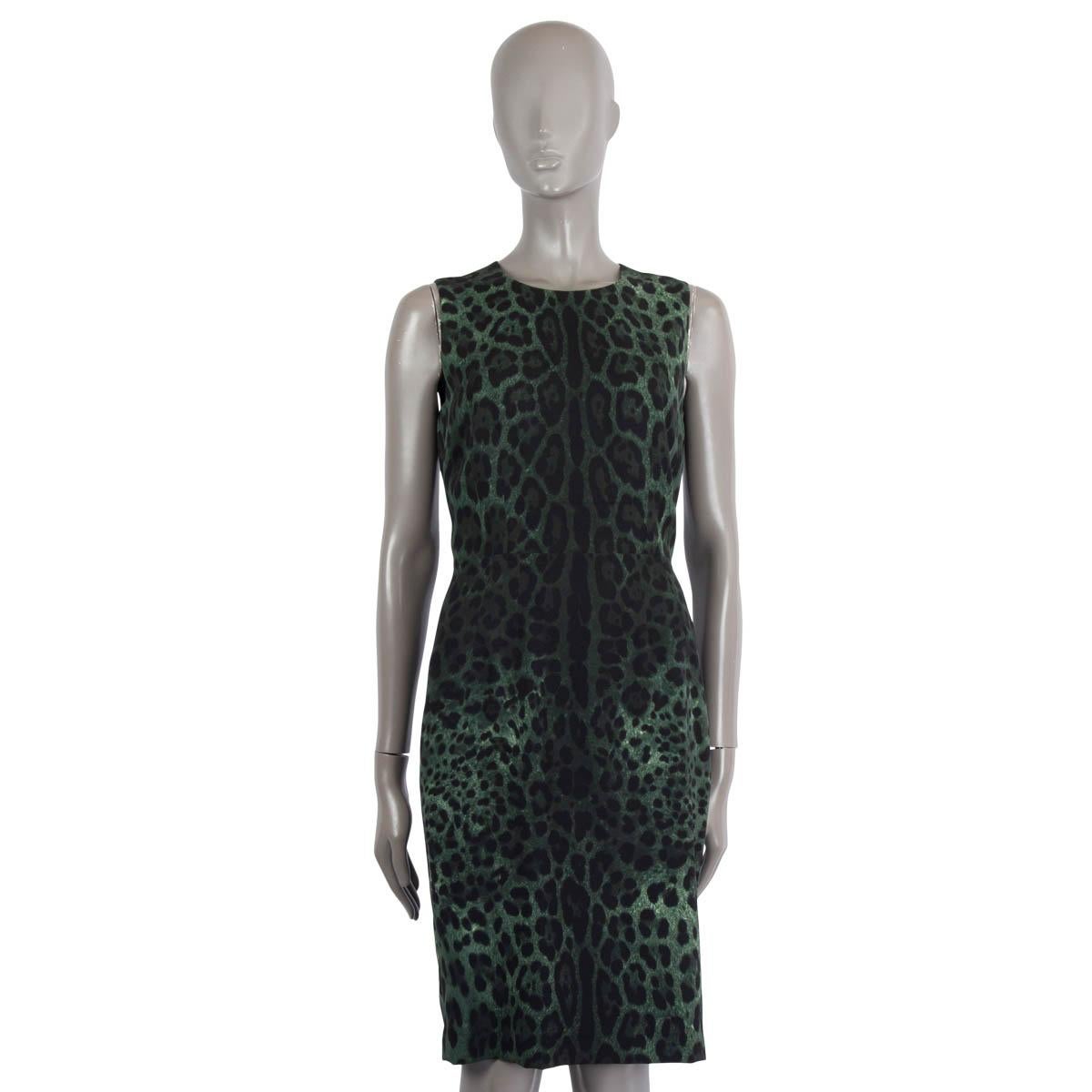 Black DOLCE & GABBANA green silk LEOPARD SLEEVELESS Sheath Dress 42 M For Sale