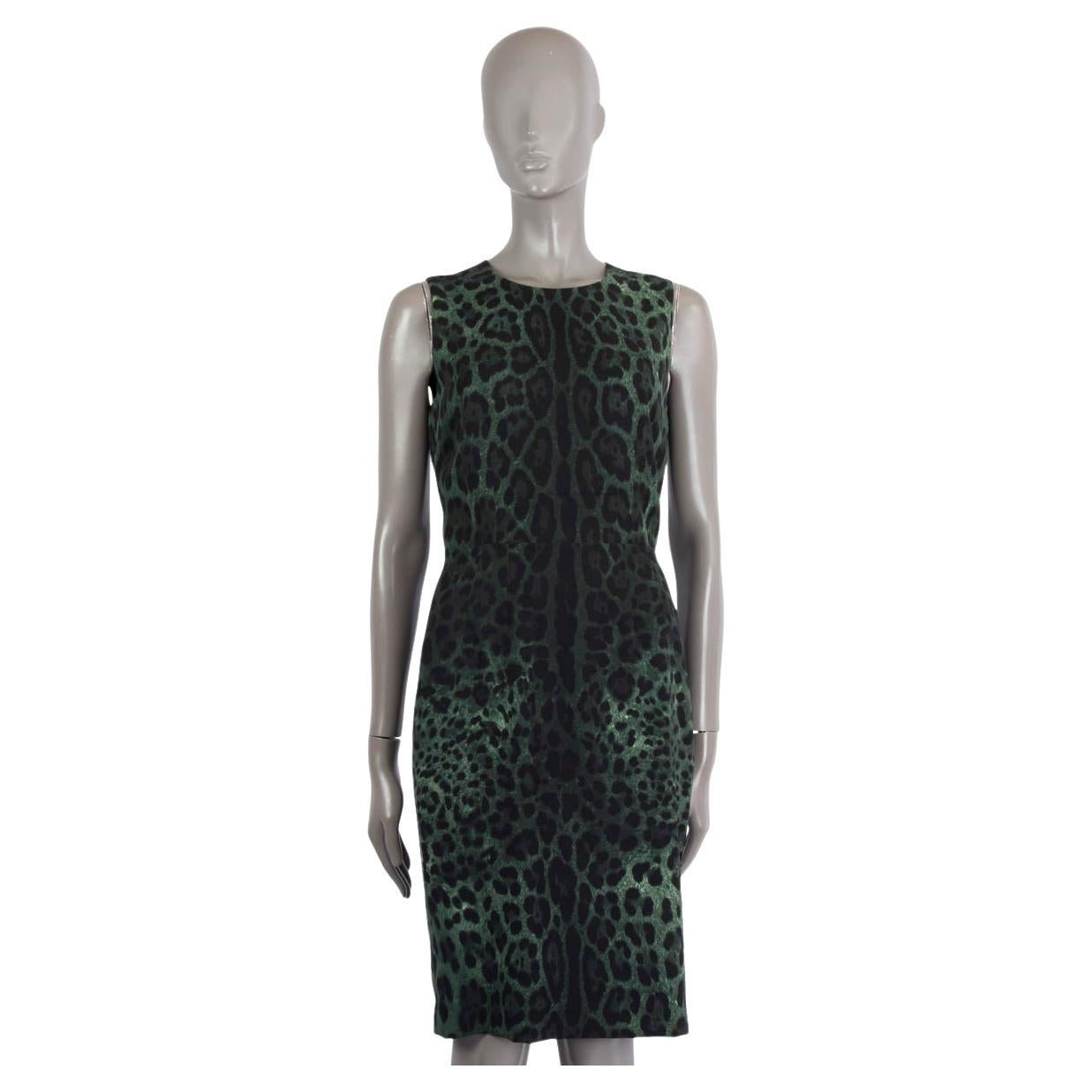DOLCE & GABBANA green silk LEOPARD SLEEVELESS Sheath Dress 42 M
