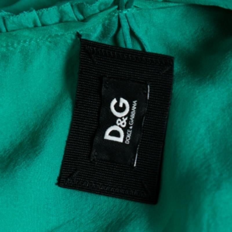 Gray Dolce & Gabbana Green Silk Tie Detail Ruffled Sleeveless Top S For Sale