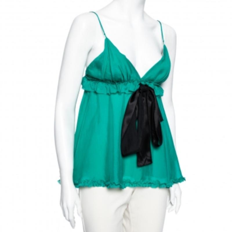 Dolce & Gabbana Green Silk Tie Detail Ruffled Sleeveless Top S For Sale 1