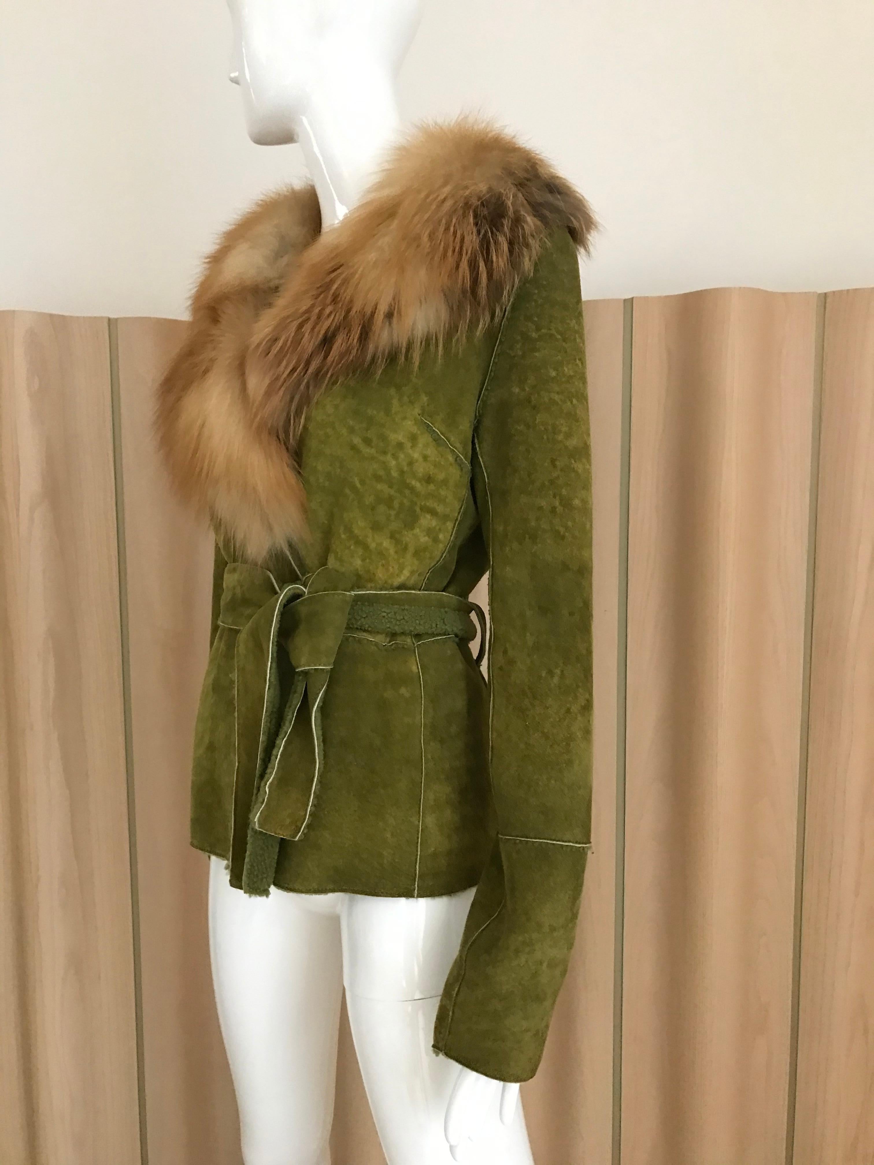 Brown Dolce & Gabbana Green Soft Suede Fox Collar Shearling Jacket
