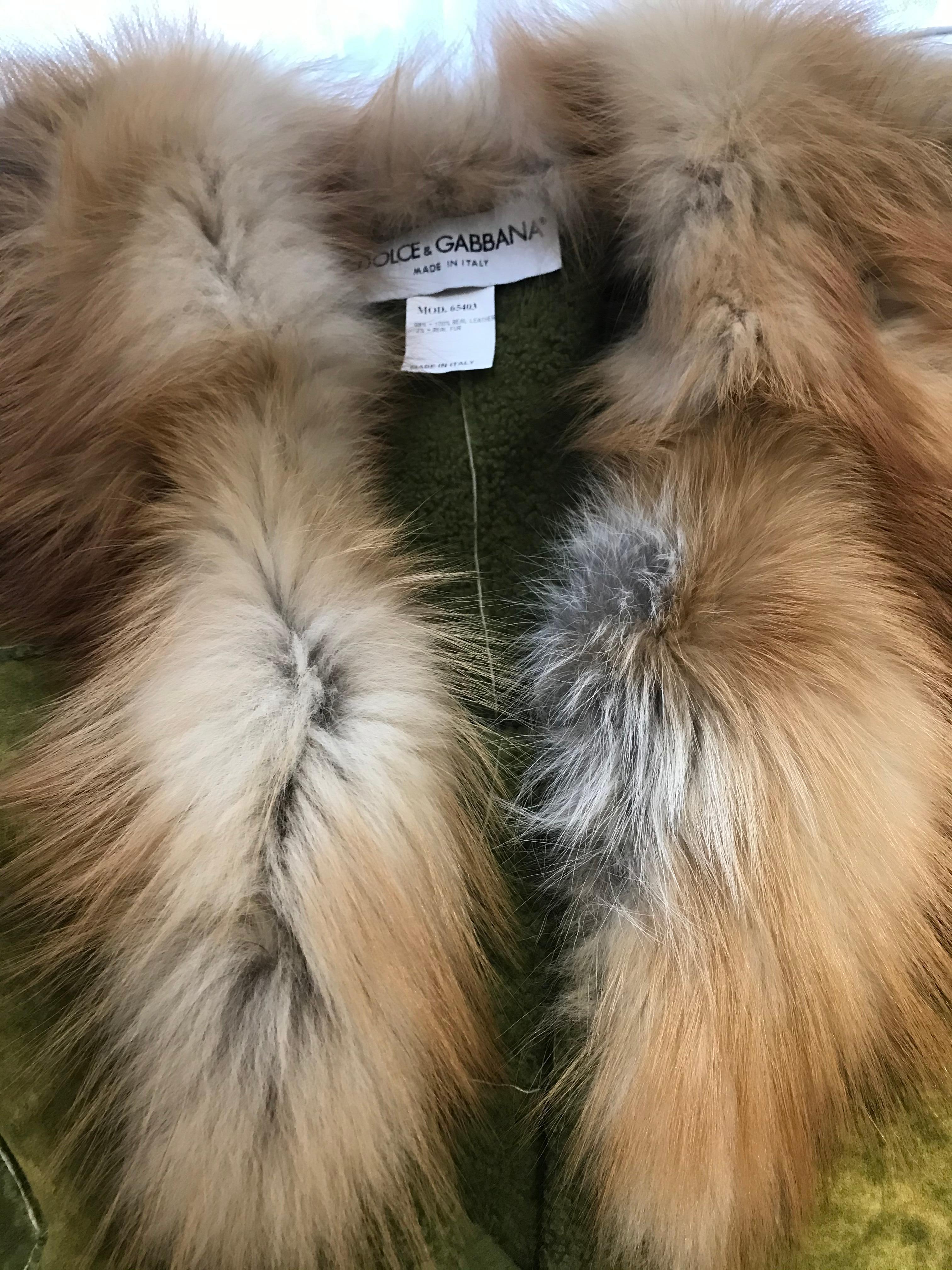 Dolce & Gabbana Green Soft Suede Fox Collar Shearling Jacket In Excellent Condition In Beverly Hills, CA