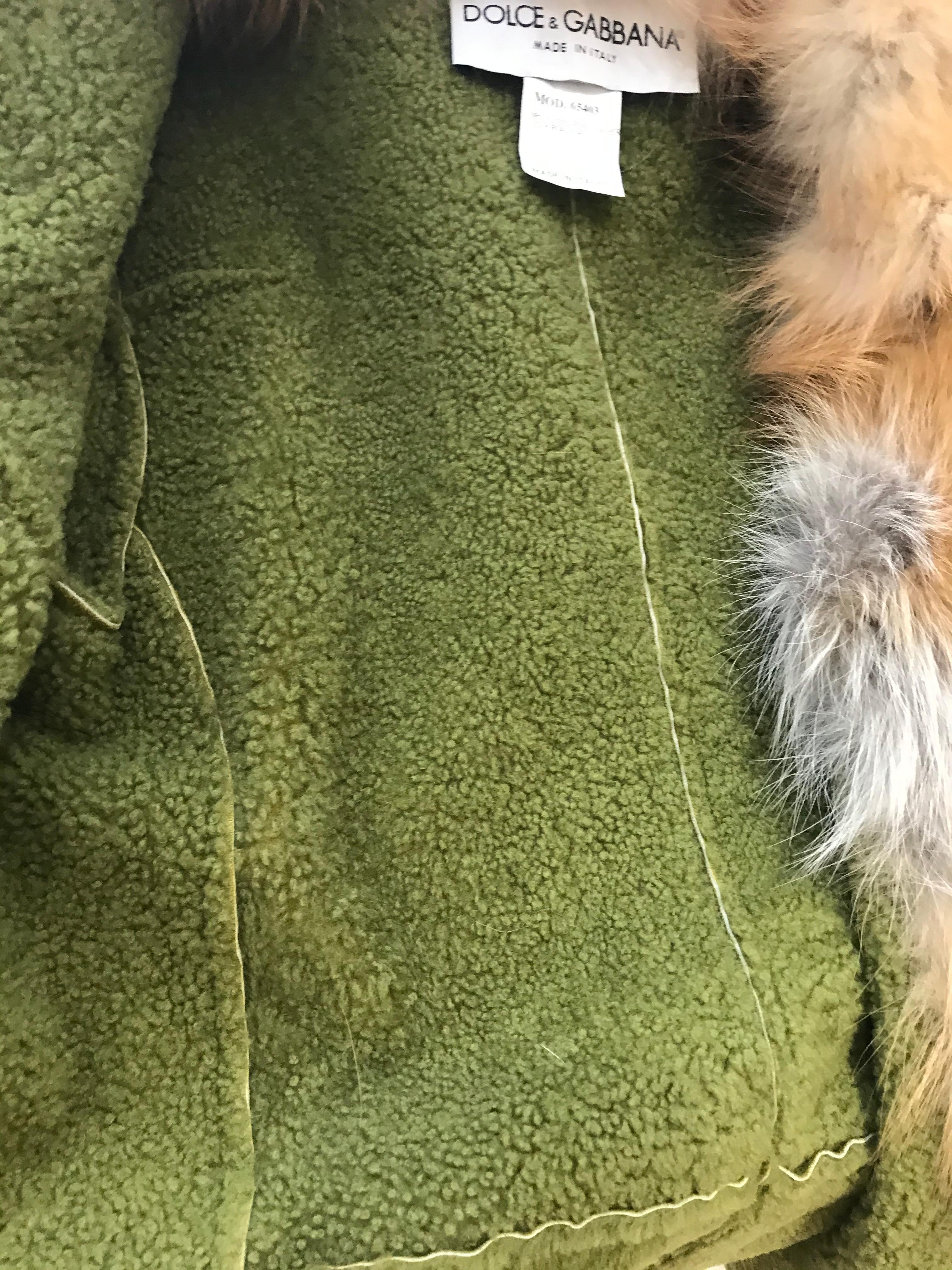 Women's Dolce & Gabbana Green Soft Suede Fox Collar Shearling Jacket