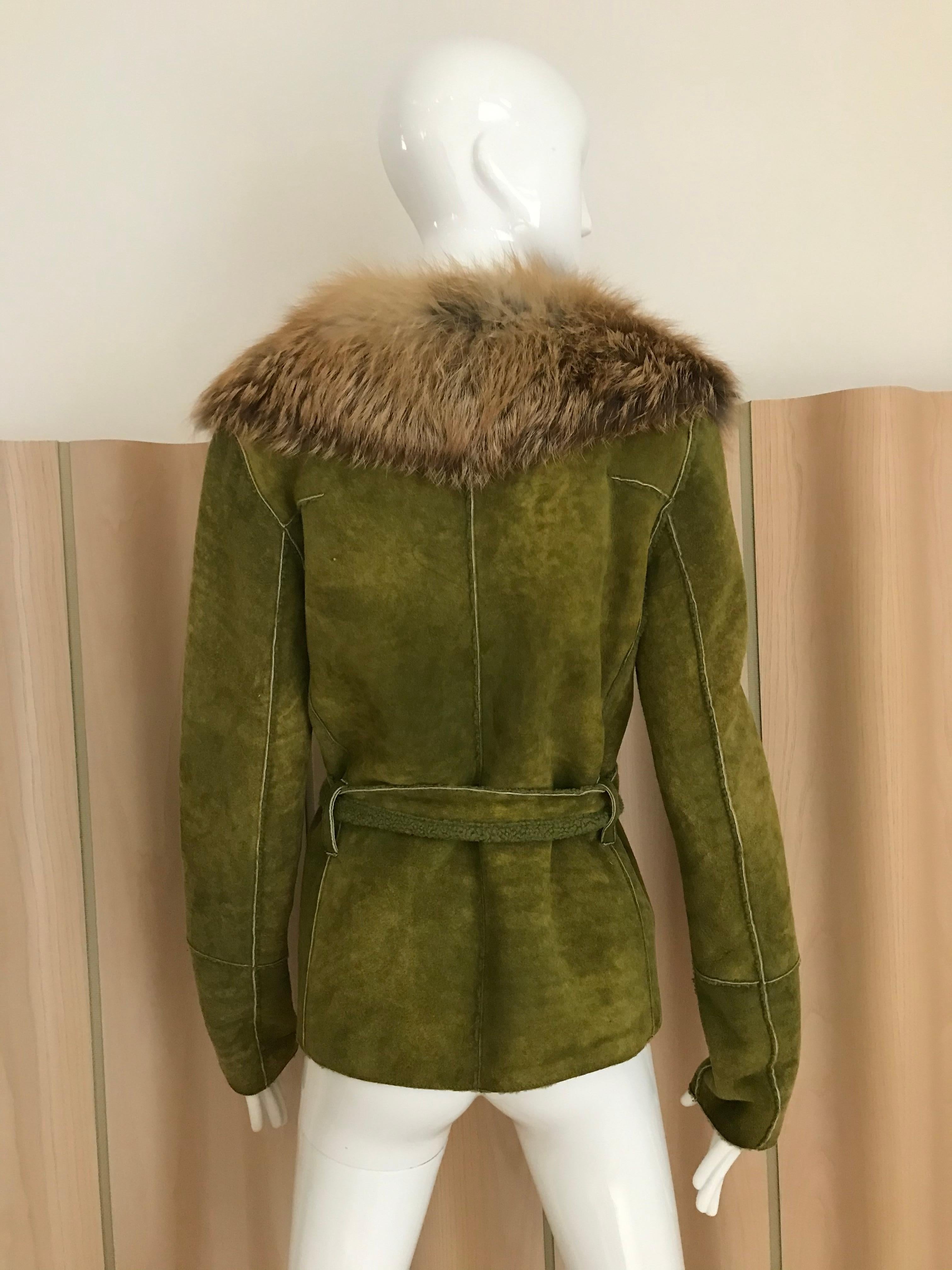 Dolce & Gabbana Green Soft Suede Fox Collar Shearling Jacket 1