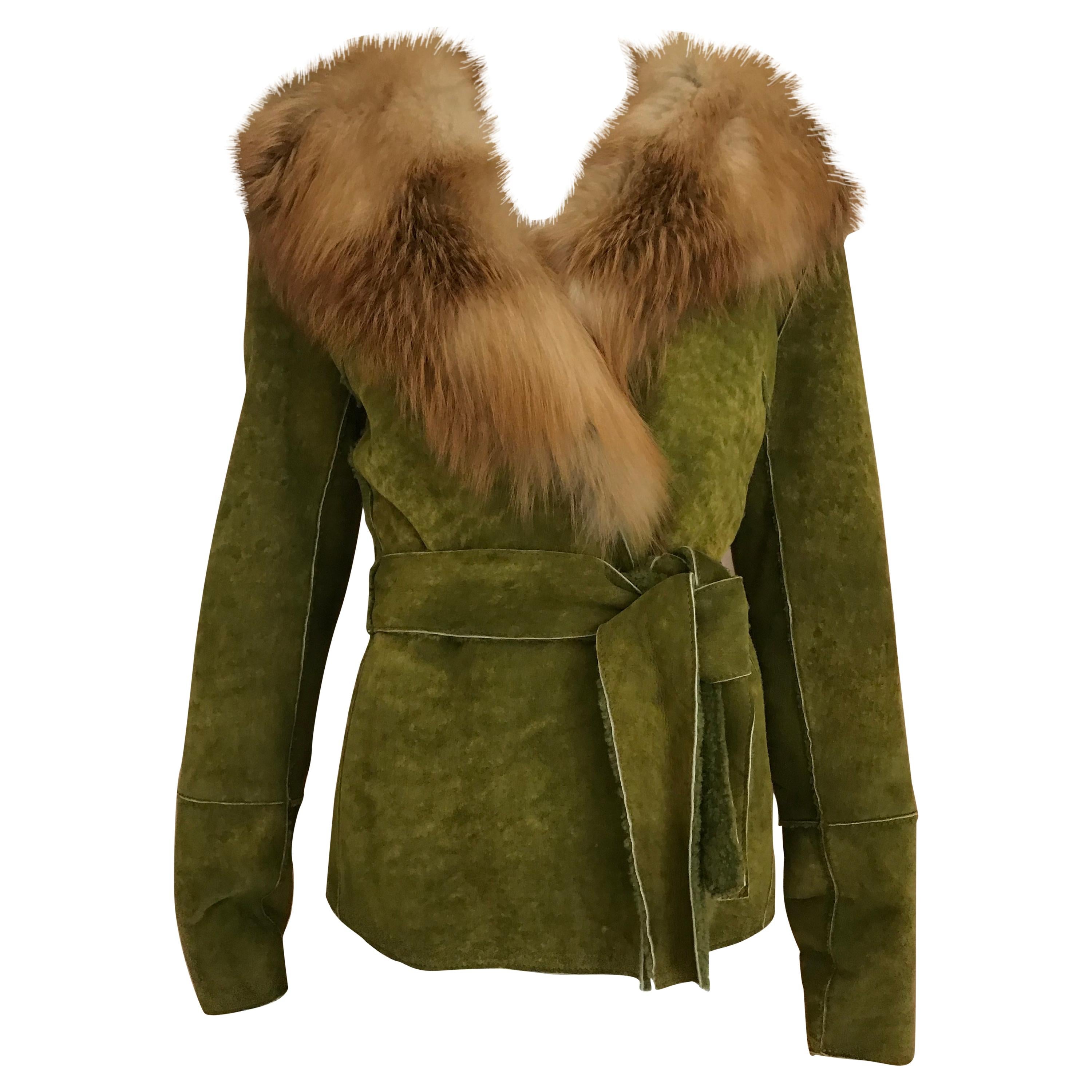 Dolce & Gabbana Green Soft Suede Fox Collar Shearling Jacket
