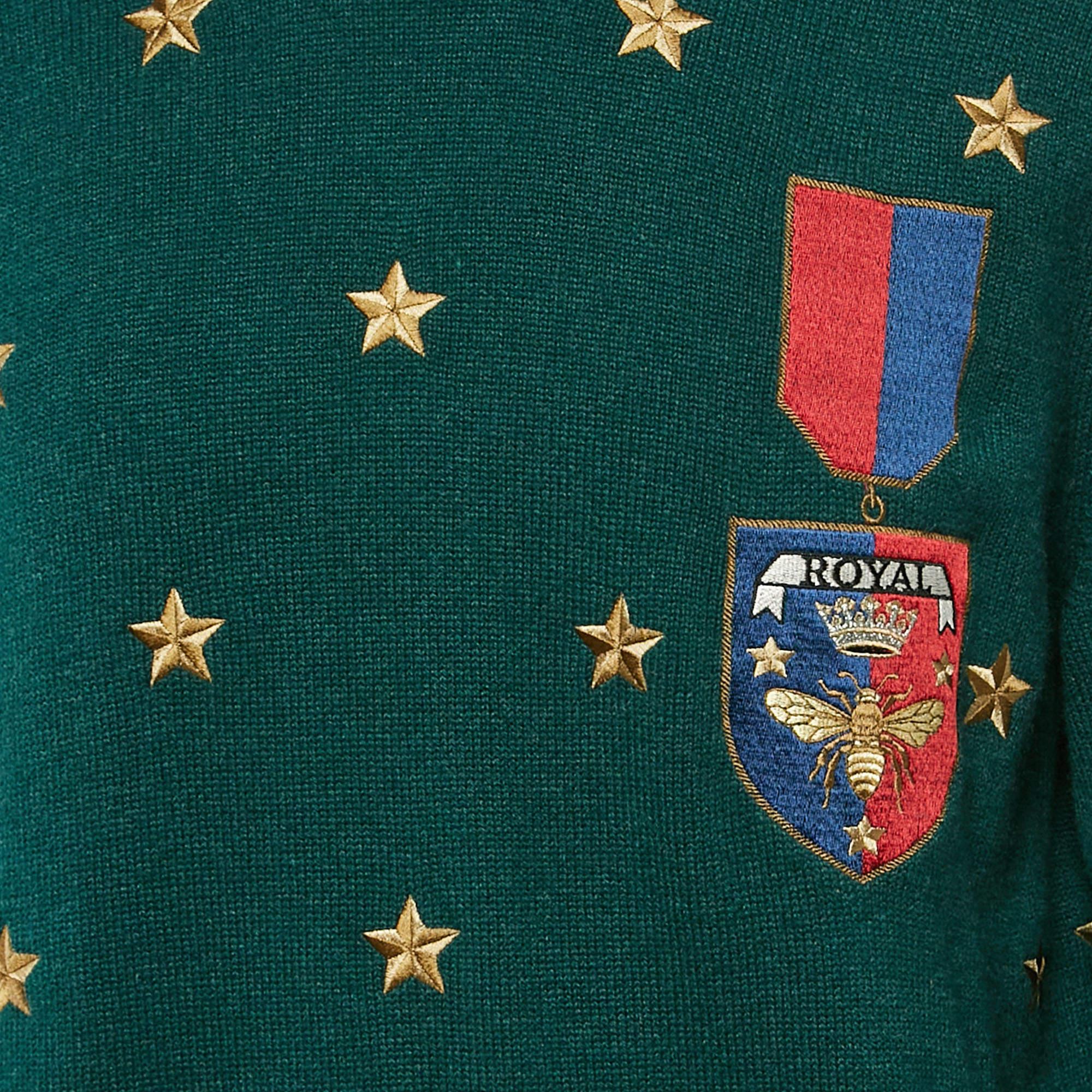 Dolce & Gabbana Green Stars Embroidered Rib Knit Sweater XXL In Good Condition In Dubai, Al Qouz 2