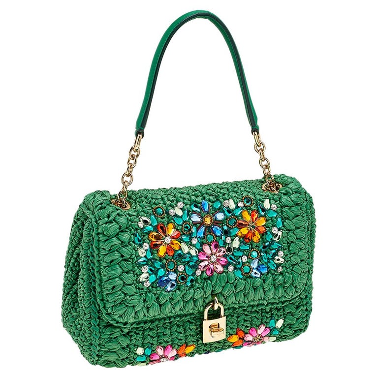 Dolce and Gabbana Green Straw Crystal Embellished Miss Bonita Shoulder Bag  For Sale at 1stDibs