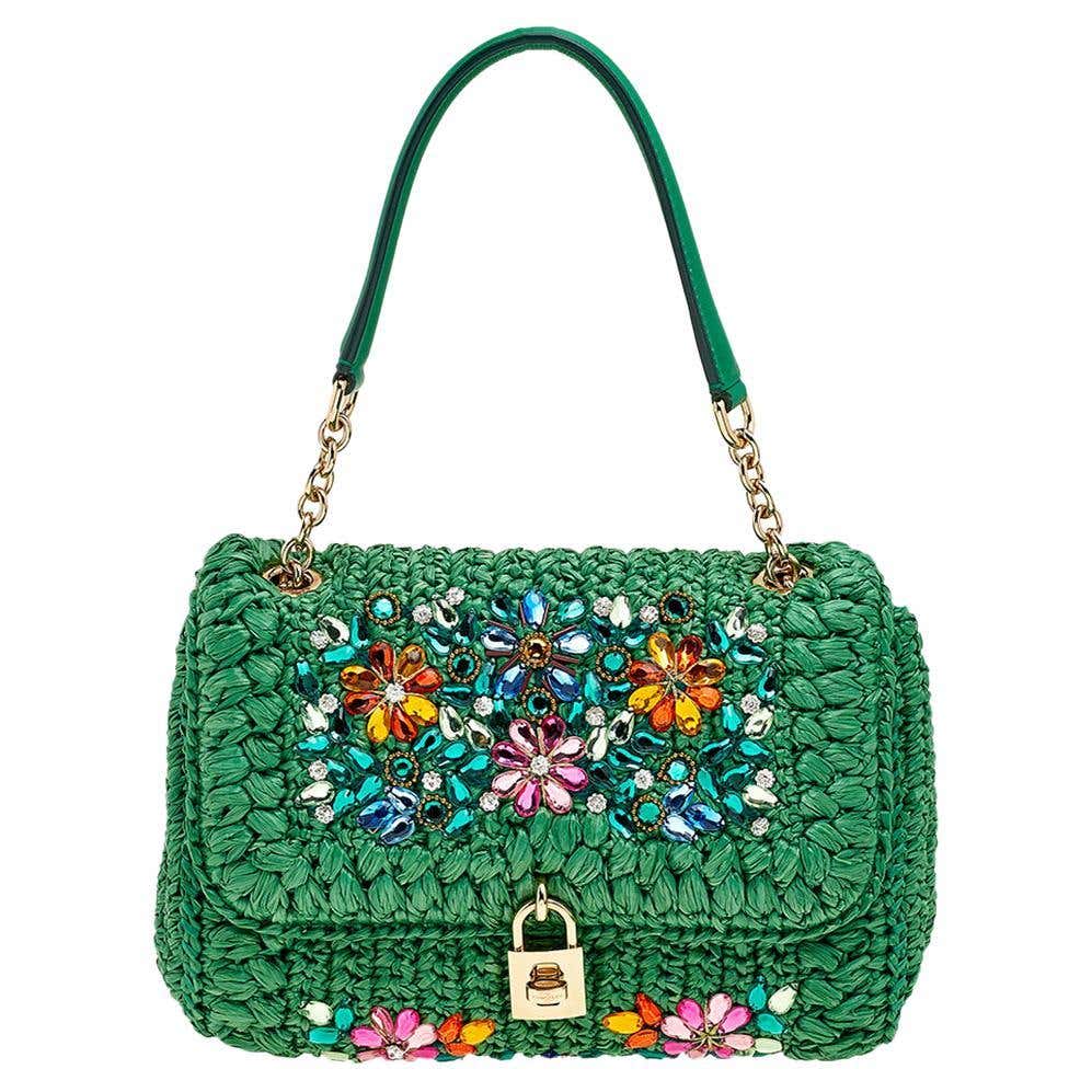 Dolce and Gabbana Green Straw Crystal Embellished Miss Bonita Shoulder ...